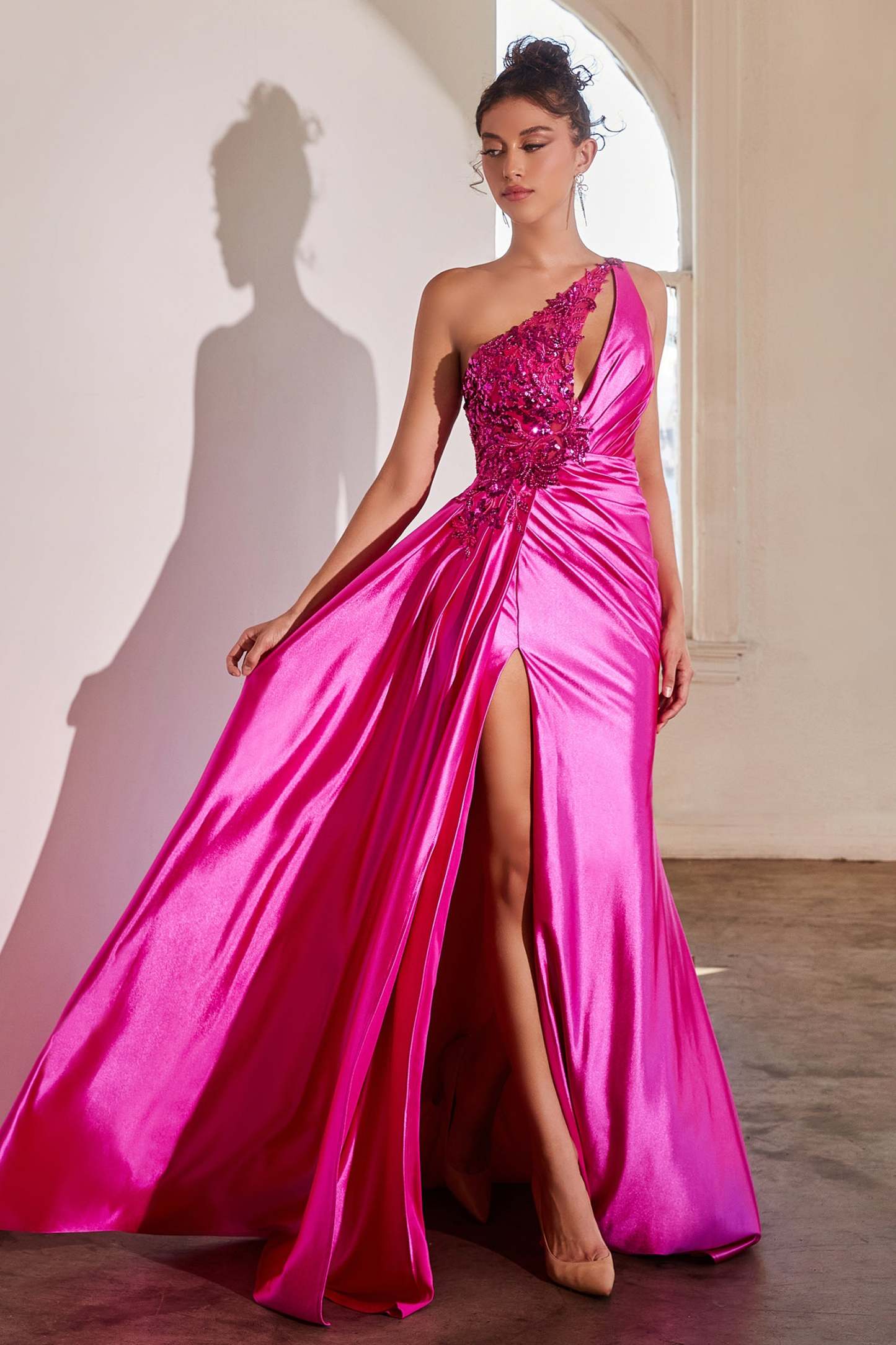 Stylish Fitted One-Shoulder Keyhole Neckline Satin Gown #CDS454