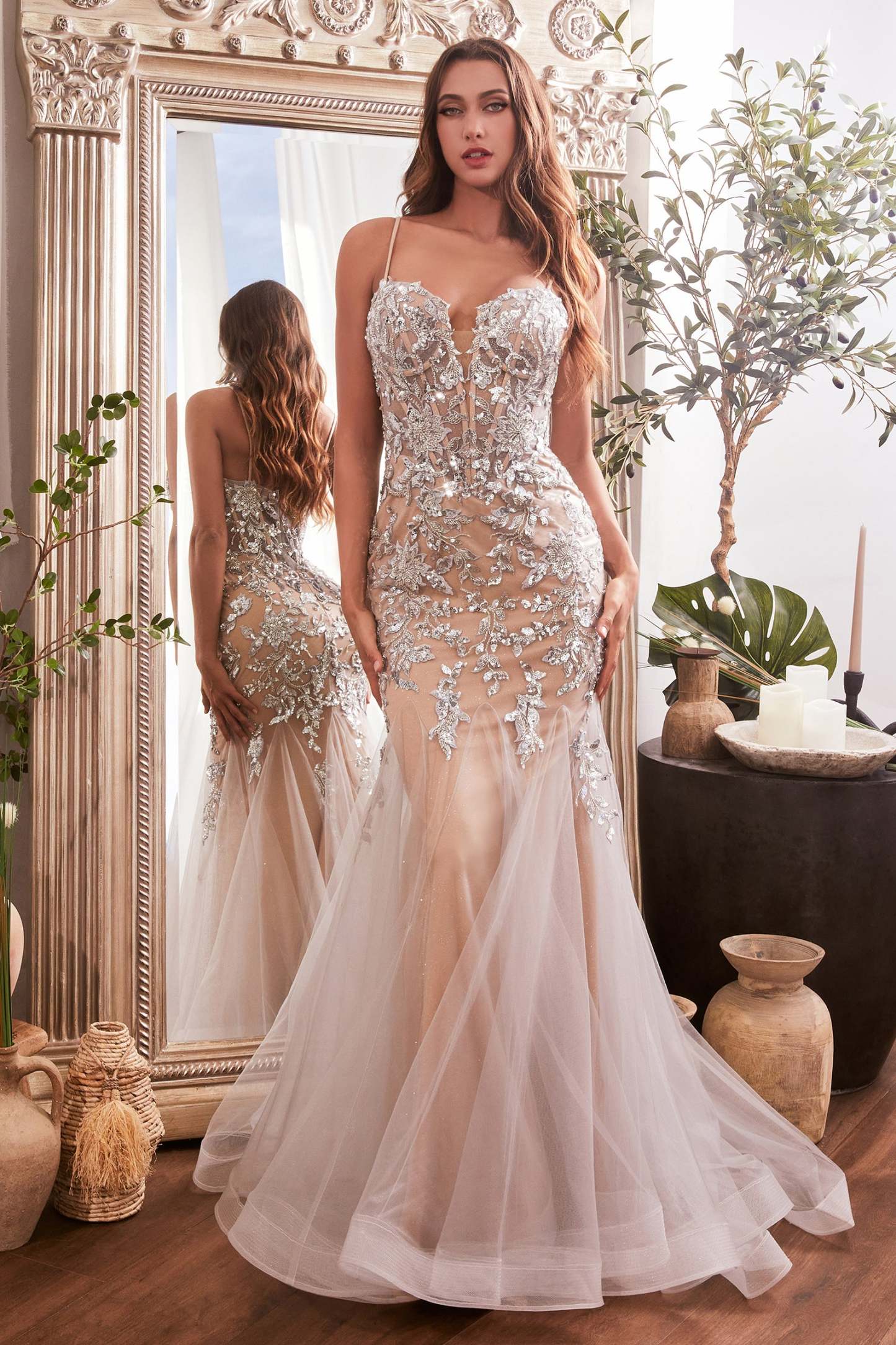 Mermaid Thin Straps Plunging Neckline Sequin Gown #CDS488
