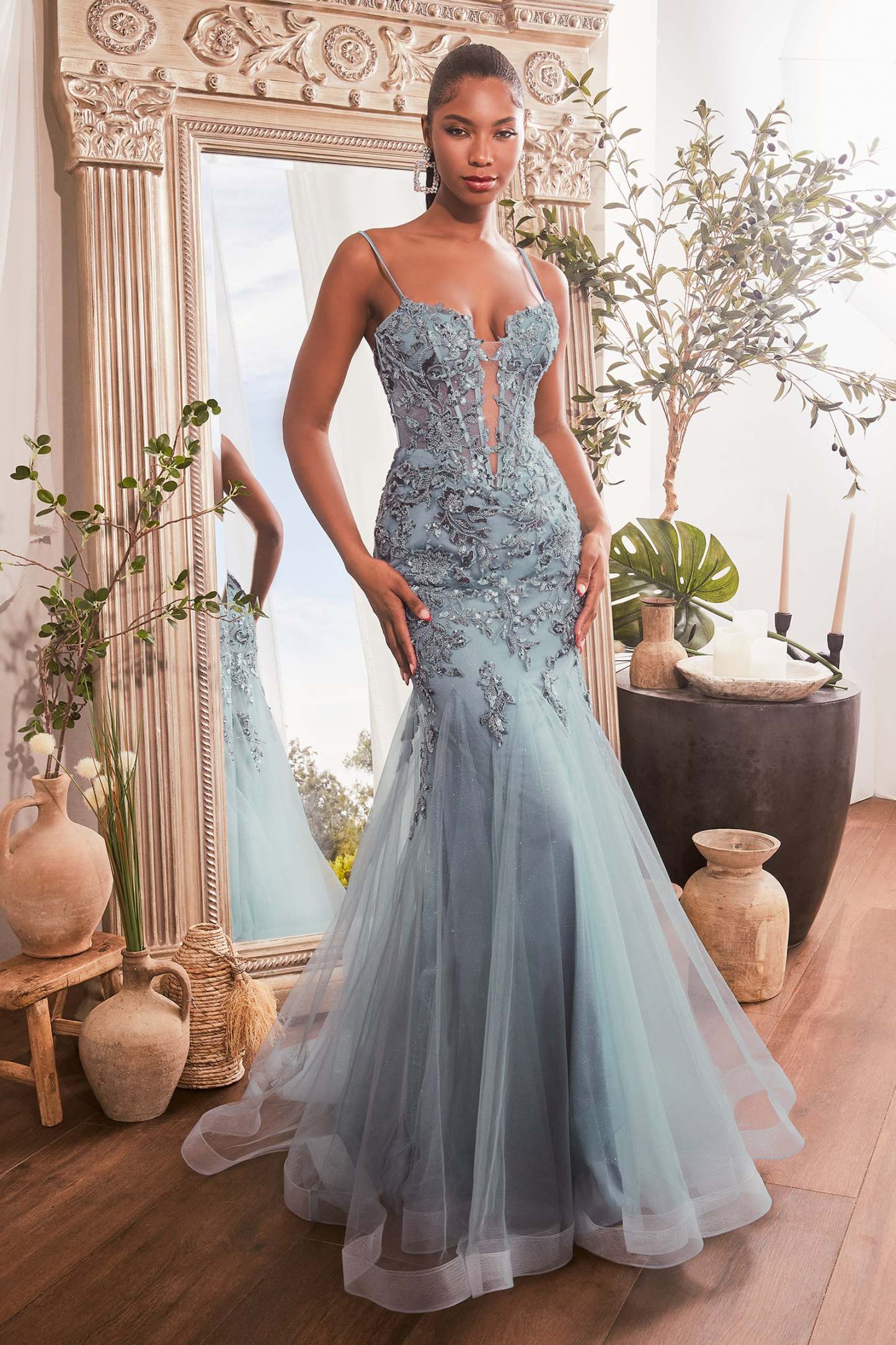 Mermaid Thin Straps Plunging Neckline Sequin Gown #CDS488