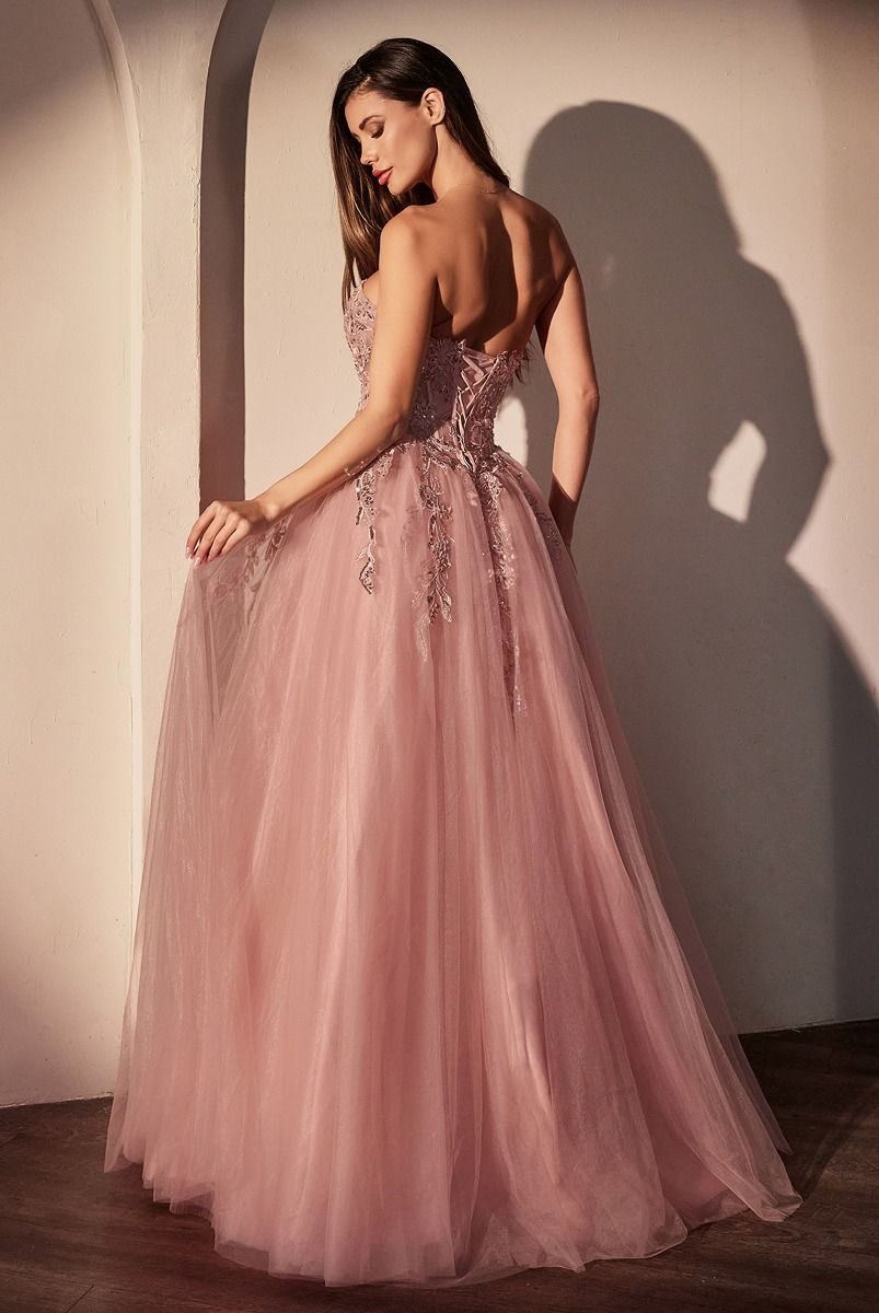 Strapless Pink Ball Gown With Floral Applique CDS536