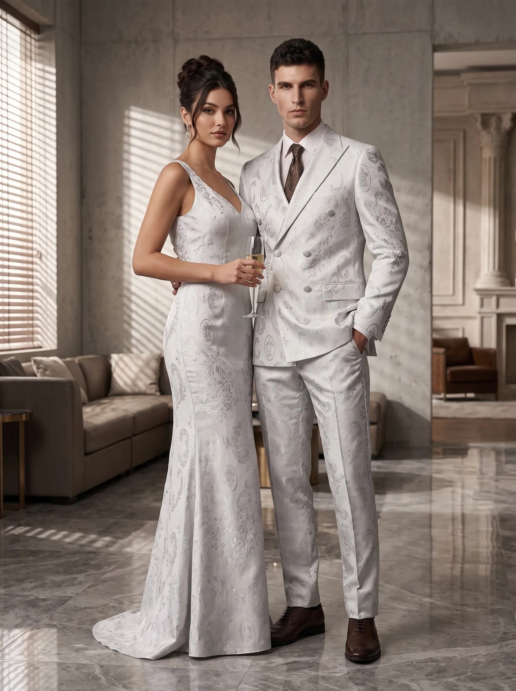 [Copy]Pristine White Jacquard Suit | Men's Double-Breasted Peak Lapel 2-Piece Formal Prom Tuxedo