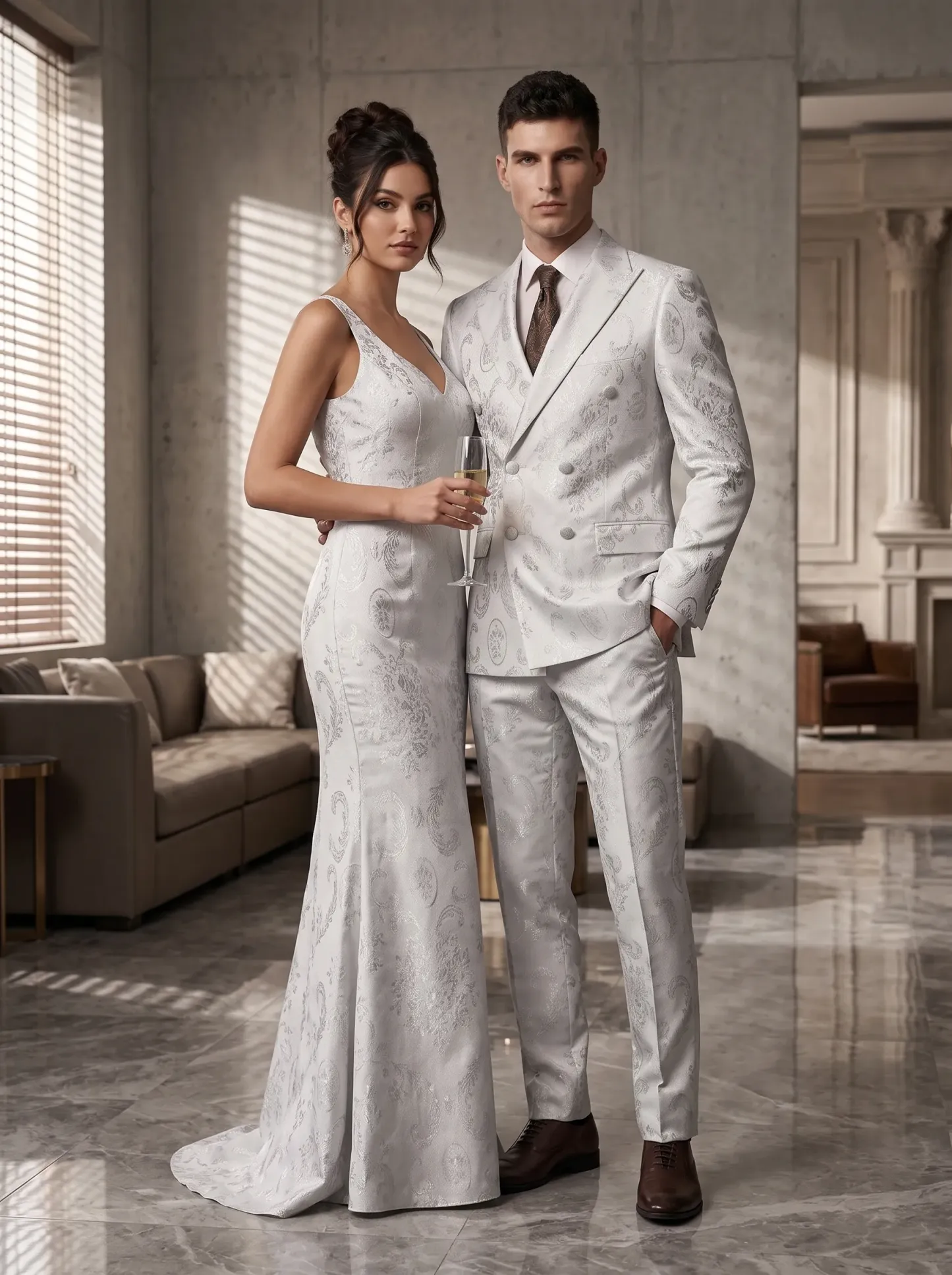 [Copy]Pristine White Jacquard Suit | Men's Double-Breasted Peak Lapel 2-Piece Formal Prom Tuxedo
