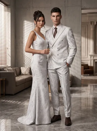 [Copy]Pristine White Jacquard Suit | Men's Double-Breasted Peak Lapel 2-Piece Formal Prom Tuxedo