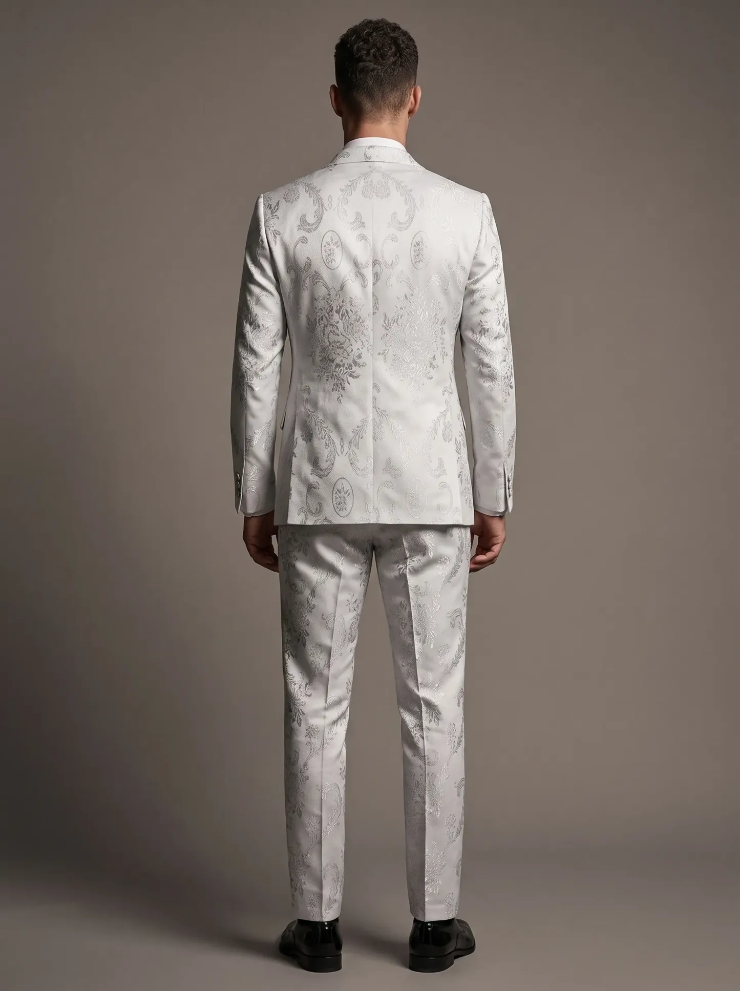 [Copy]Pristine White Jacquard Suit | Men's Double-Breasted Peak Lapel 2-Piece Formal Prom Tuxedo