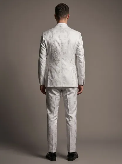 [Copy]Pristine White Jacquard Suit | Men's Double-Breasted Peak Lapel 2-Piece Formal Prom Tuxedo