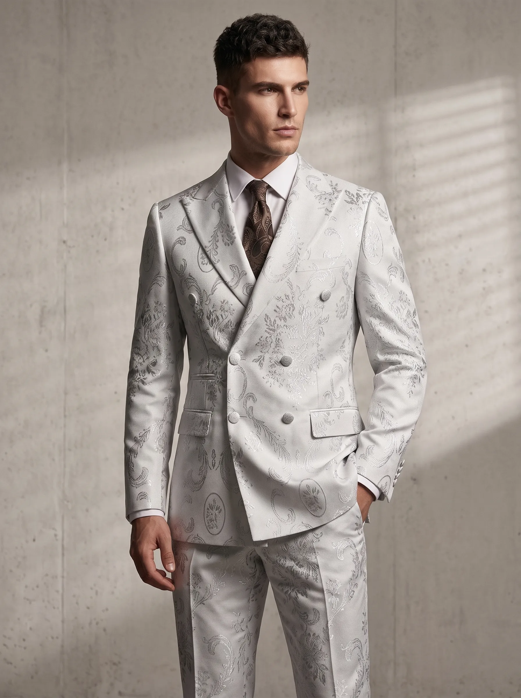 [Copy]Pristine White Jacquard Suit | Men's Double-Breasted Peak Lapel 2-Piece Formal Prom Tuxedo