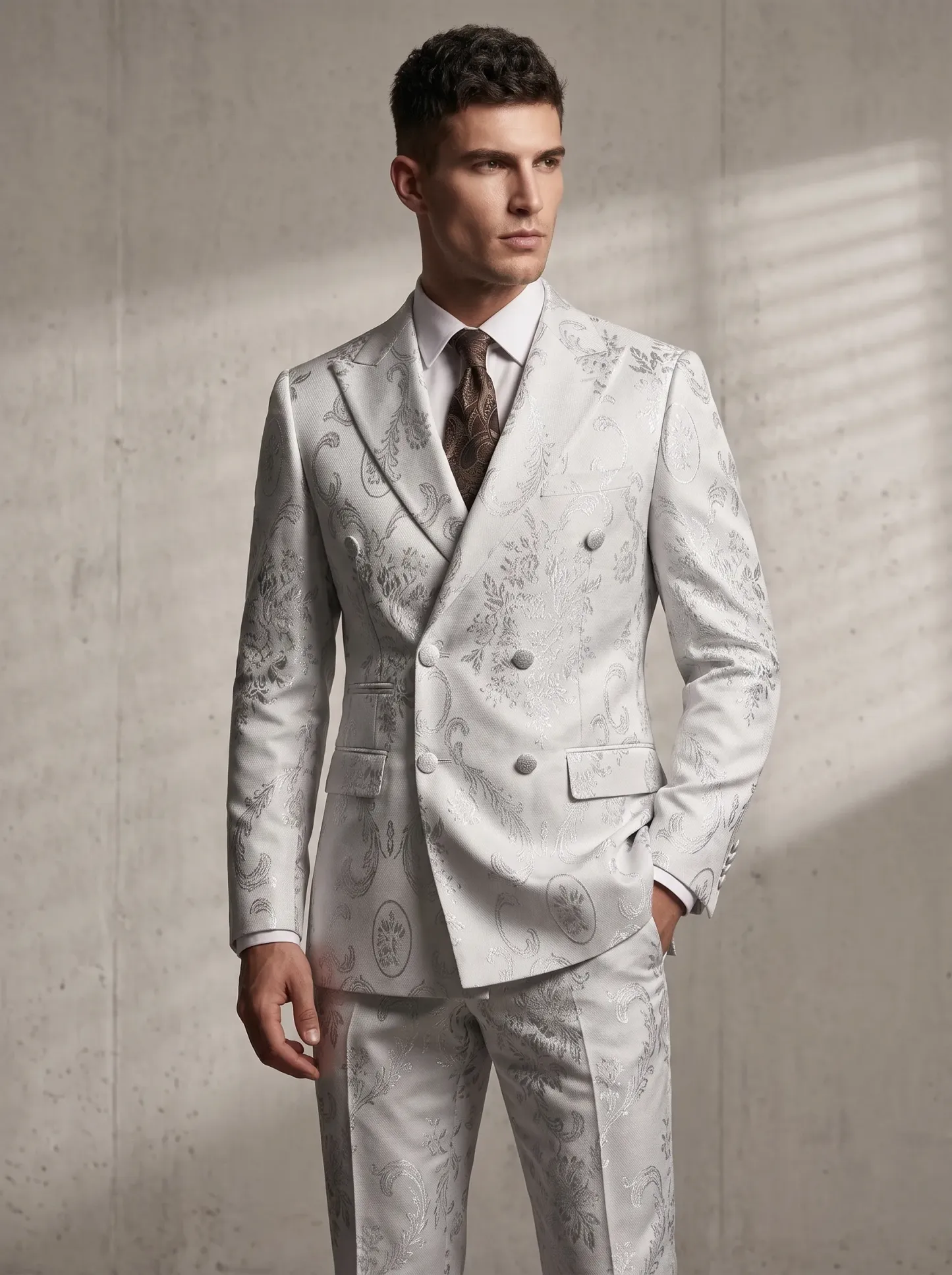 [Copy]Pristine White Jacquard Suit | Men's Double-Breasted Peak Lapel 2-Piece Formal Prom Tuxedo