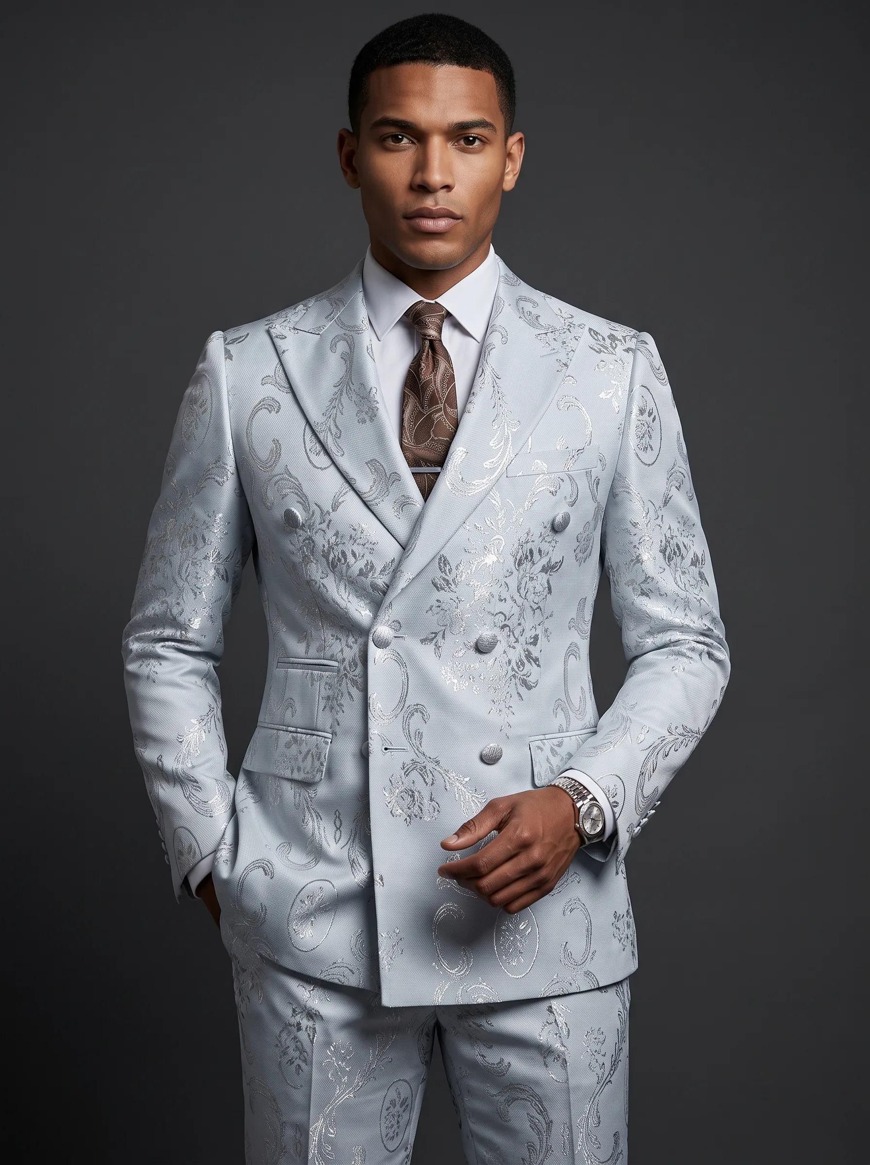 [Copy]Pristine White Jacquard Suit | Men's Double-Breasted Peak Lapel 2-Piece Formal Prom Tuxedo