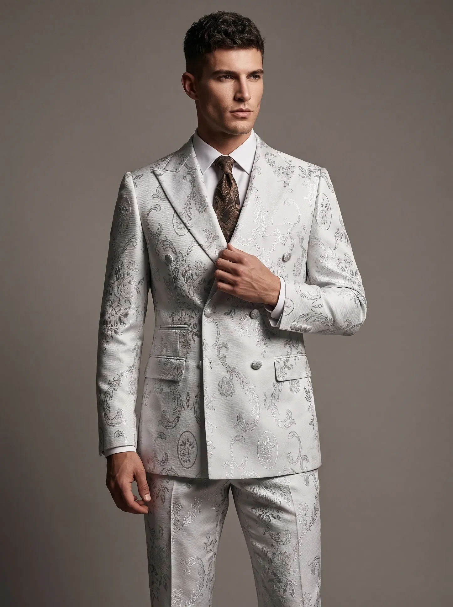 [Copy]Pristine White Jacquard Suit | Men's Double-Breasted Peak Lapel 2-Piece Formal Prom Tuxedo