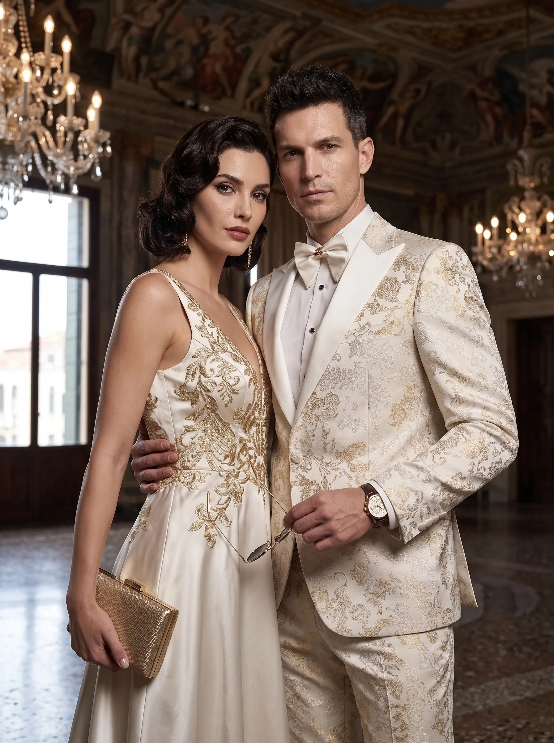 [Copy]Opulent White & Silver Baroque Jacquard Suit | Men's Double-Breasted Peak Lapel 2-Piece Formal Prom Tuxedo