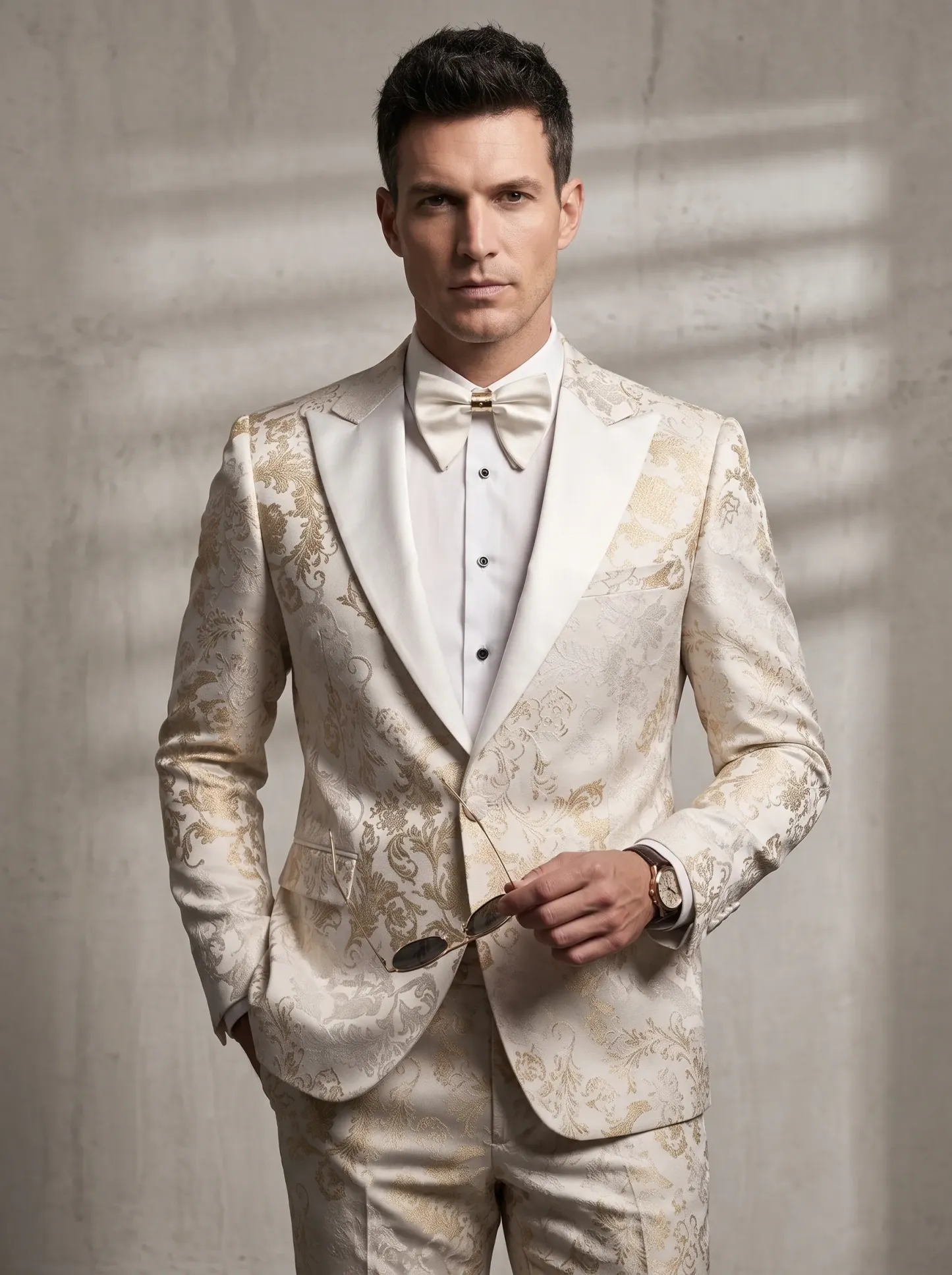 [Copy]Opulent White & Silver Baroque Jacquard Suit | Men's Double-Breasted Peak Lapel 2-Piece Formal Prom Tuxedo