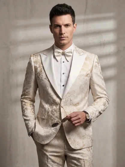 [Copy]Opulent White & Silver Baroque Jacquard Suit | Men's Double-Breasted Peak Lapel 2-Piece Formal Prom Tuxedo