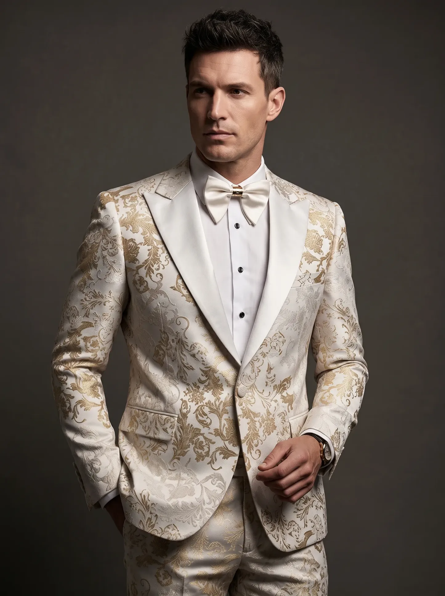 [Copy]Opulent White & Silver Baroque Jacquard Suit | Men's Double-Breasted Peak Lapel 2-Piece Formal Prom Tuxedo