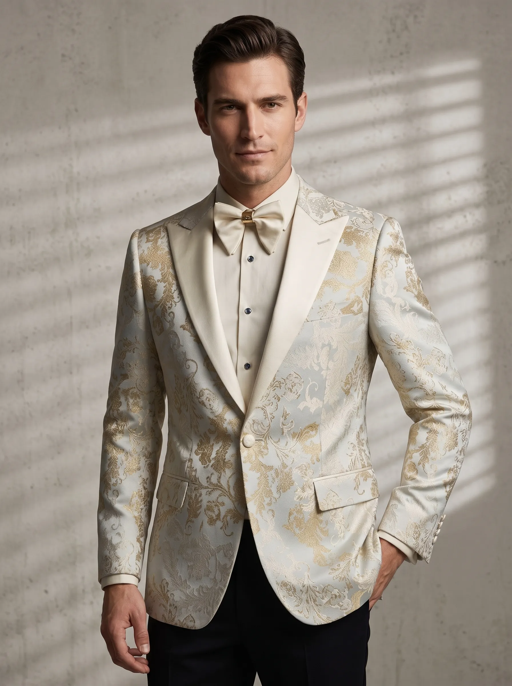 [Copy]Opulent Black & Gold Floral Jacquard Suit | Men's Slim Fit 3-Piece Notch Lapel Prom Tuxedo