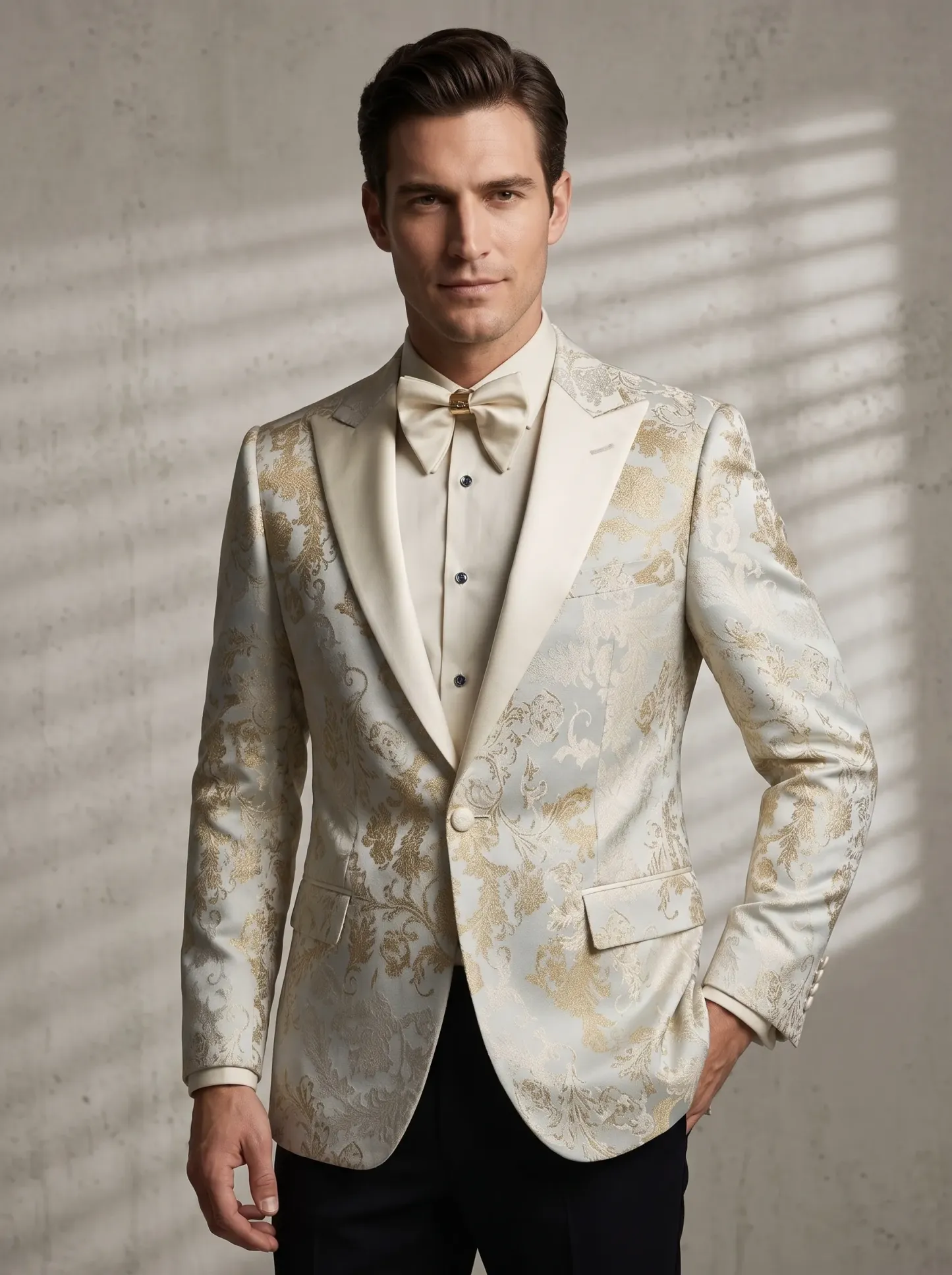 [Copy]Opulent Black & Gold Floral Jacquard Suit | Men's Slim Fit 3-Piece Notch Lapel Prom Tuxedo