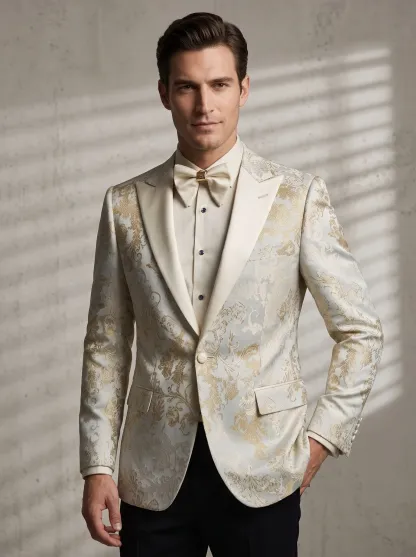 [Copy]Opulent Black & Gold Floral Jacquard Suit | Men's Slim Fit 3-Piece Notch Lapel Prom Tuxedo