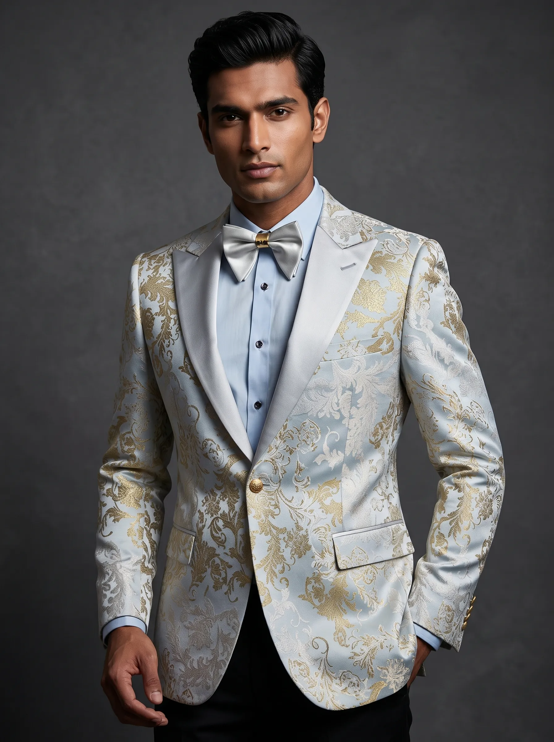 [Copy]Opulent Black & Gold Floral Jacquard Suit | Men's Slim Fit 3-Piece Notch Lapel Prom Tuxedo