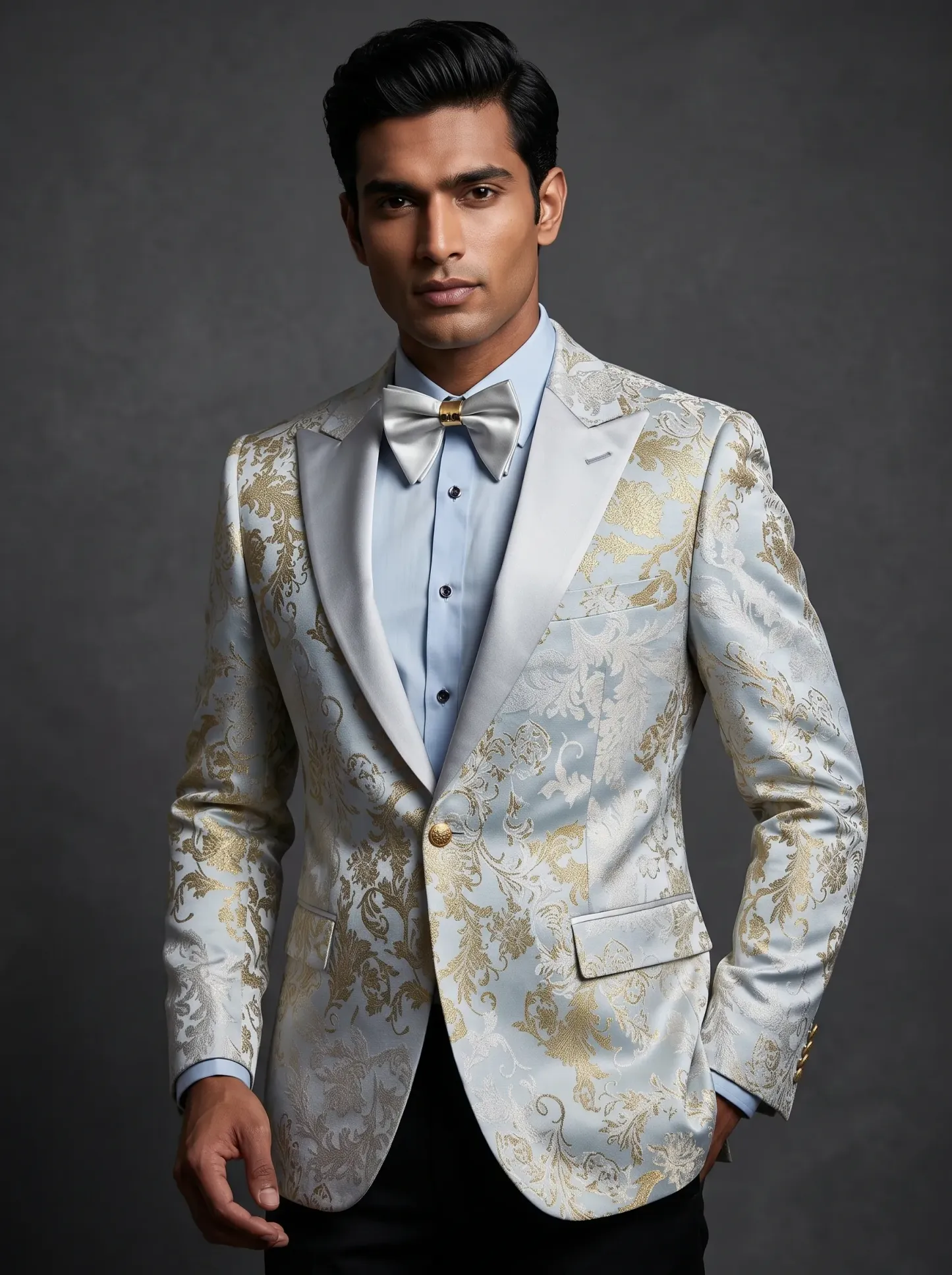 [Copy]Opulent Black & Gold Floral Jacquard Suit | Men's Slim Fit 3-Piece Notch Lapel Prom Tuxedo