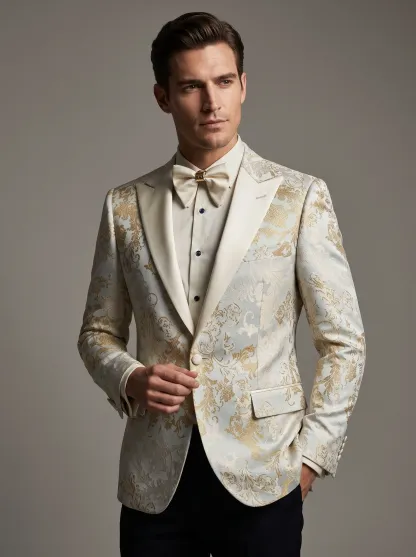 [Copy]Opulent Black & Gold Floral Jacquard Suit | Men's Slim Fit 3-Piece Notch Lapel Prom Tuxedo