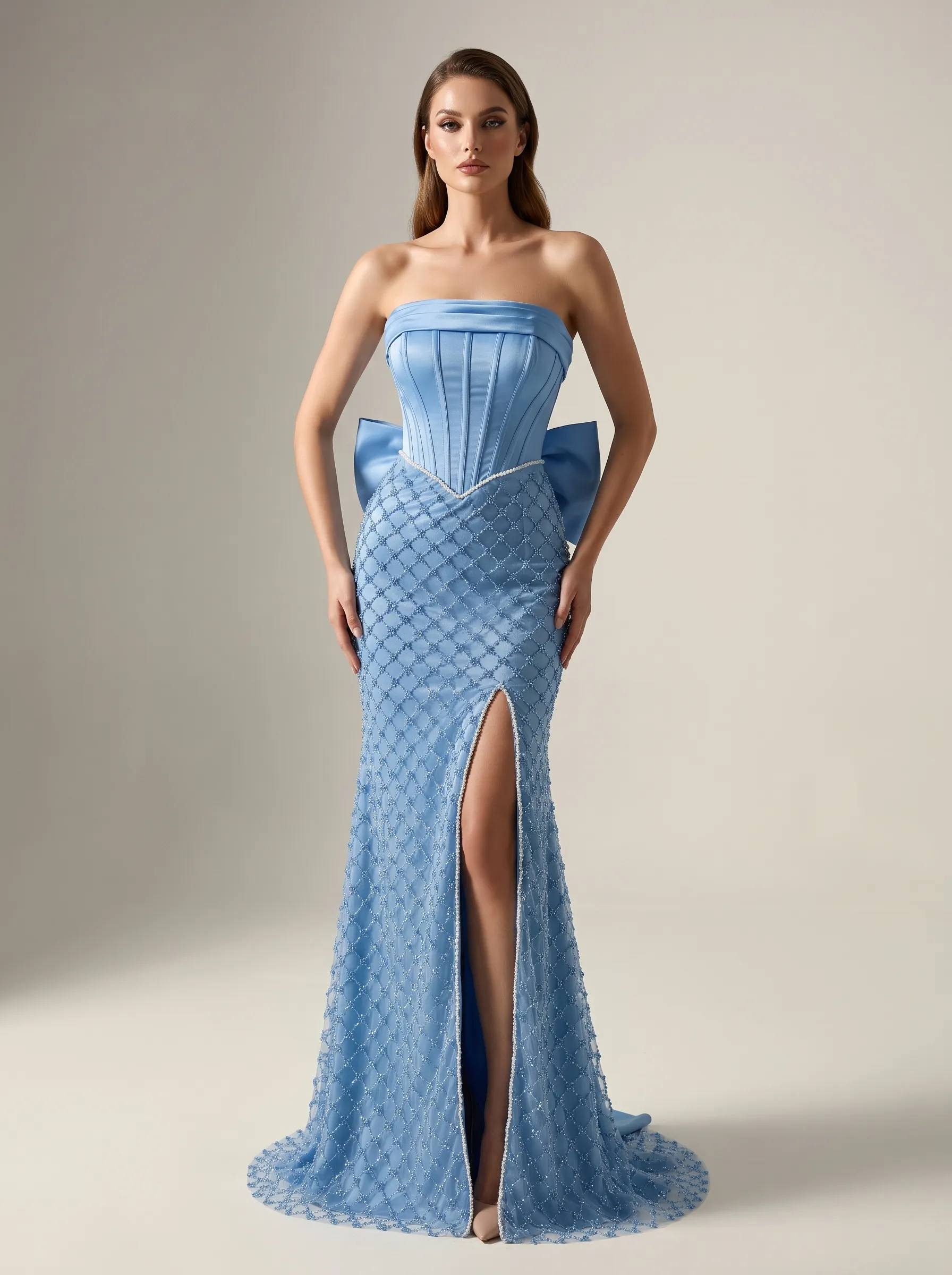 Light Blue Satin Corset Strapless Crystal Diamond Mesh Mermaid Gown with Back Bow Train & Slit CLP7020