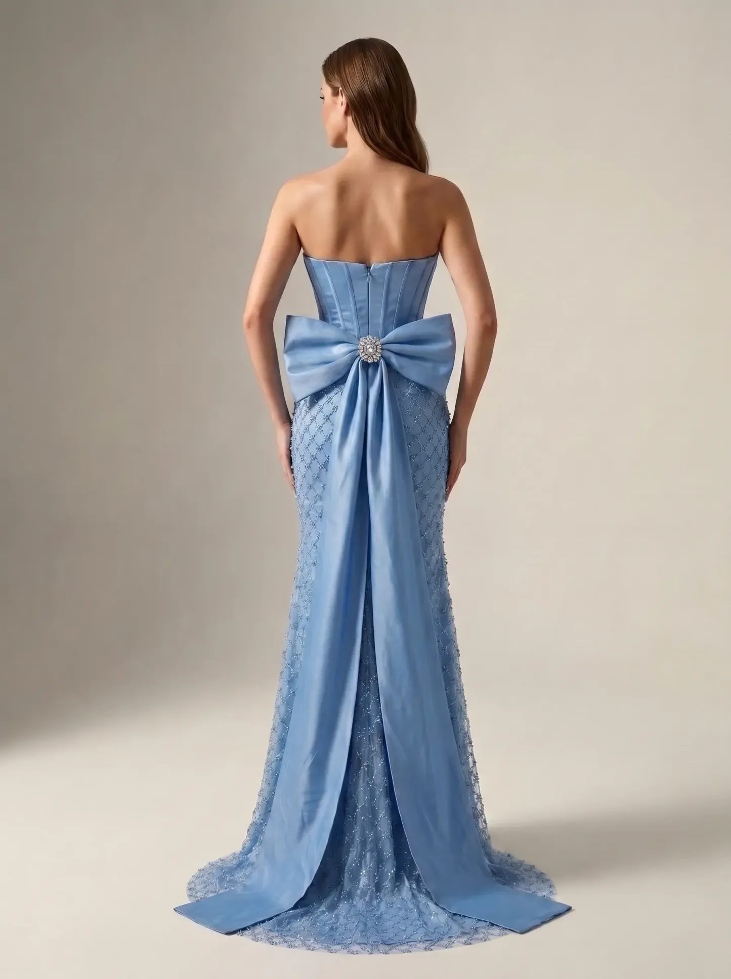 Light Blue Satin Corset Strapless Crystal Diamond Mesh Mermaid Gown with Back Bow Train & Slit CLP7020