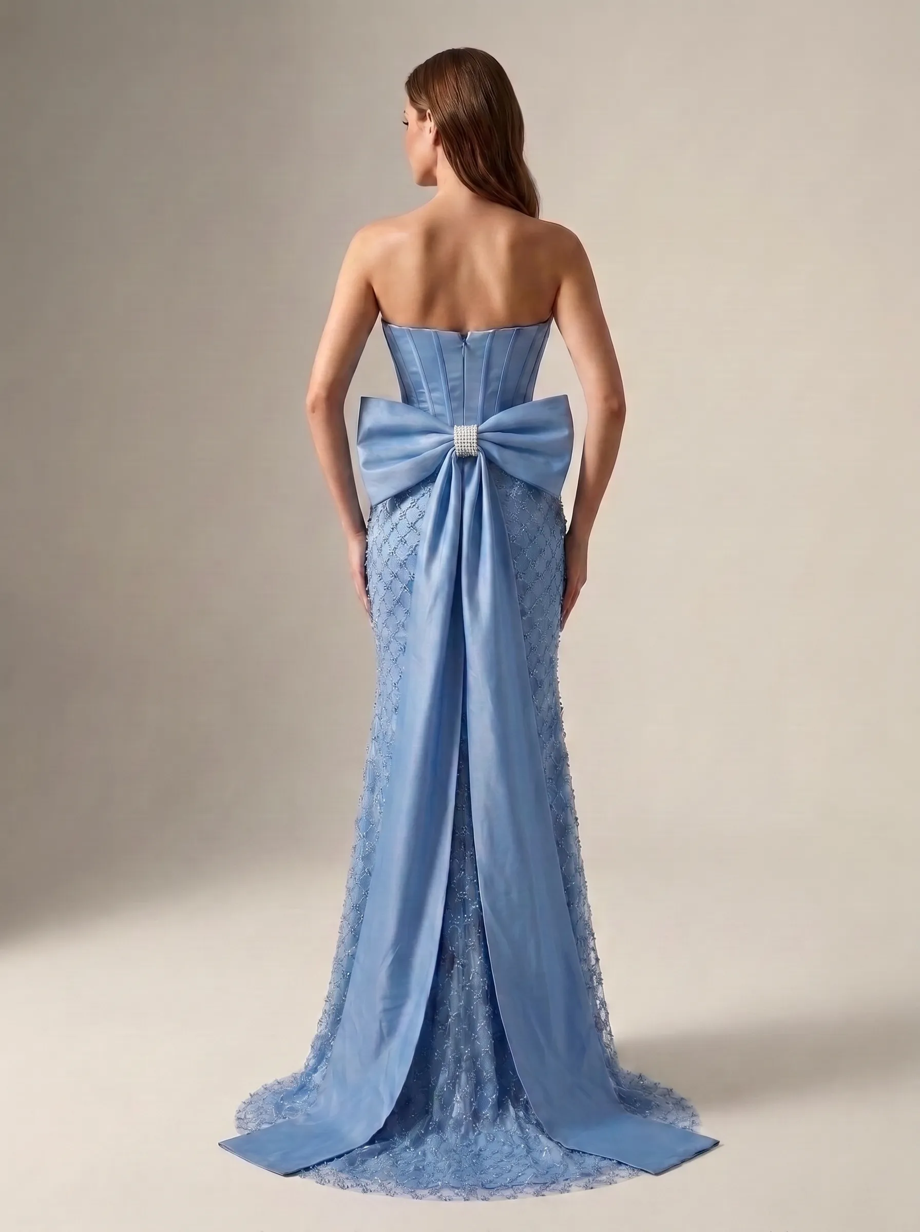 Light Blue Satin Corset Strapless Crystal Diamond Mesh Mermaid Gown with Back Bow Train & Slit CLP7020