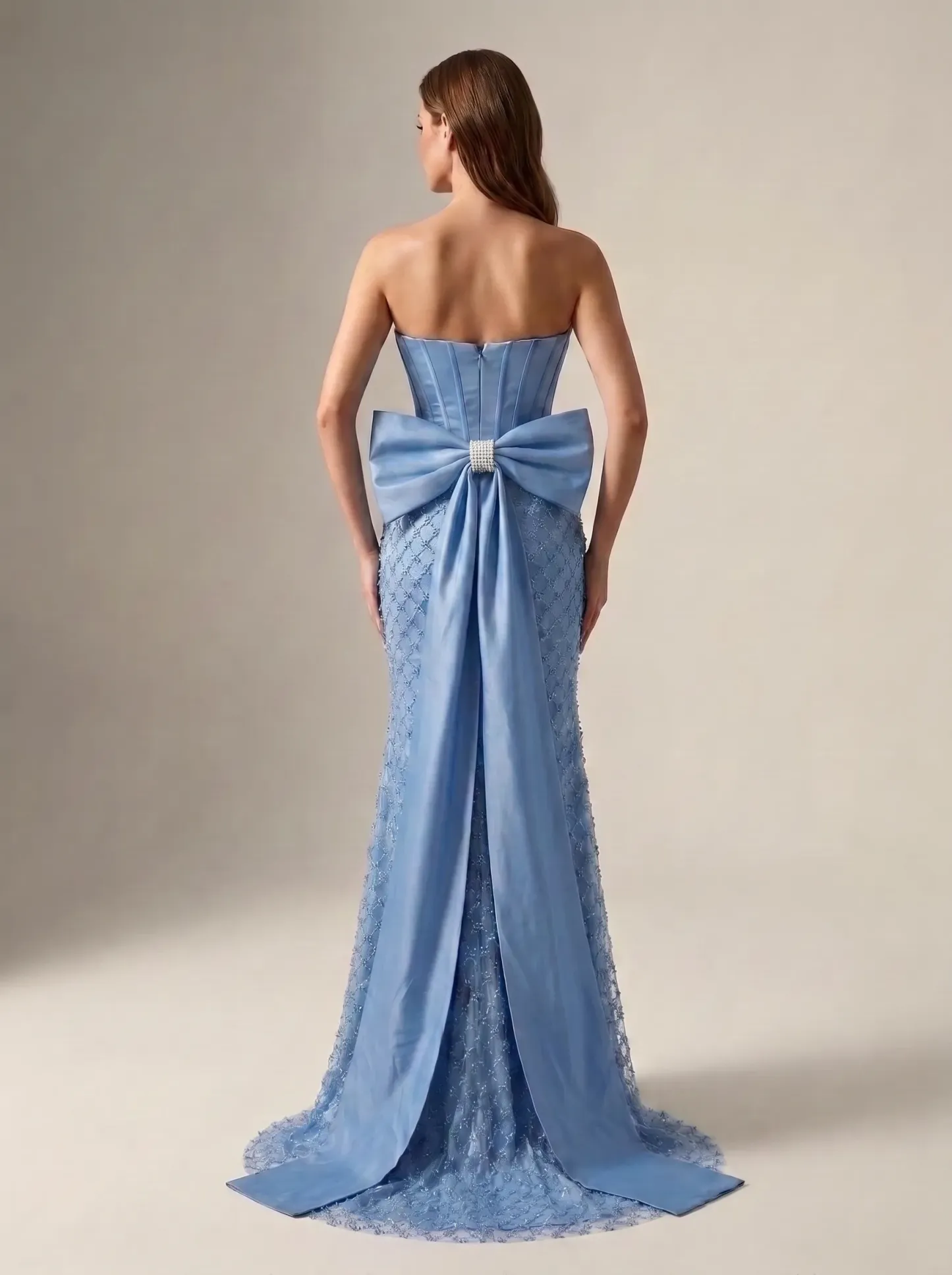 Light Blue Satin Corset Strapless Crystal Diamond Mesh Mermaid Gown with Back Bow Train & Slit CLP7020