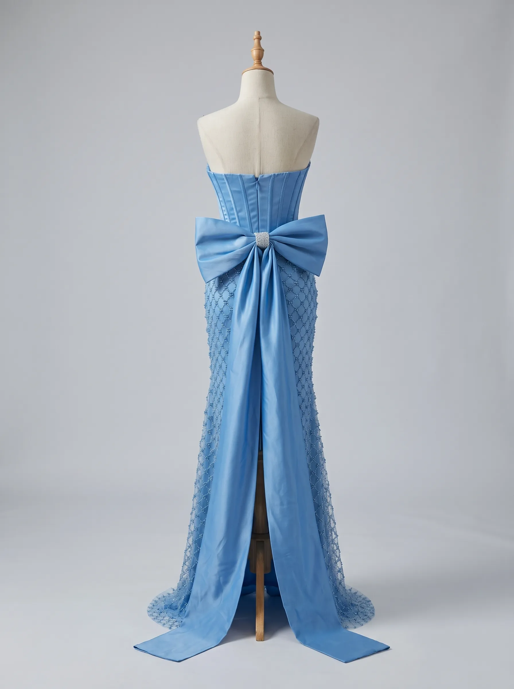 Light Blue Satin Corset Strapless Crystal Diamond Mesh Mermaid Gown with Back Bow Train & Slit CLP7020