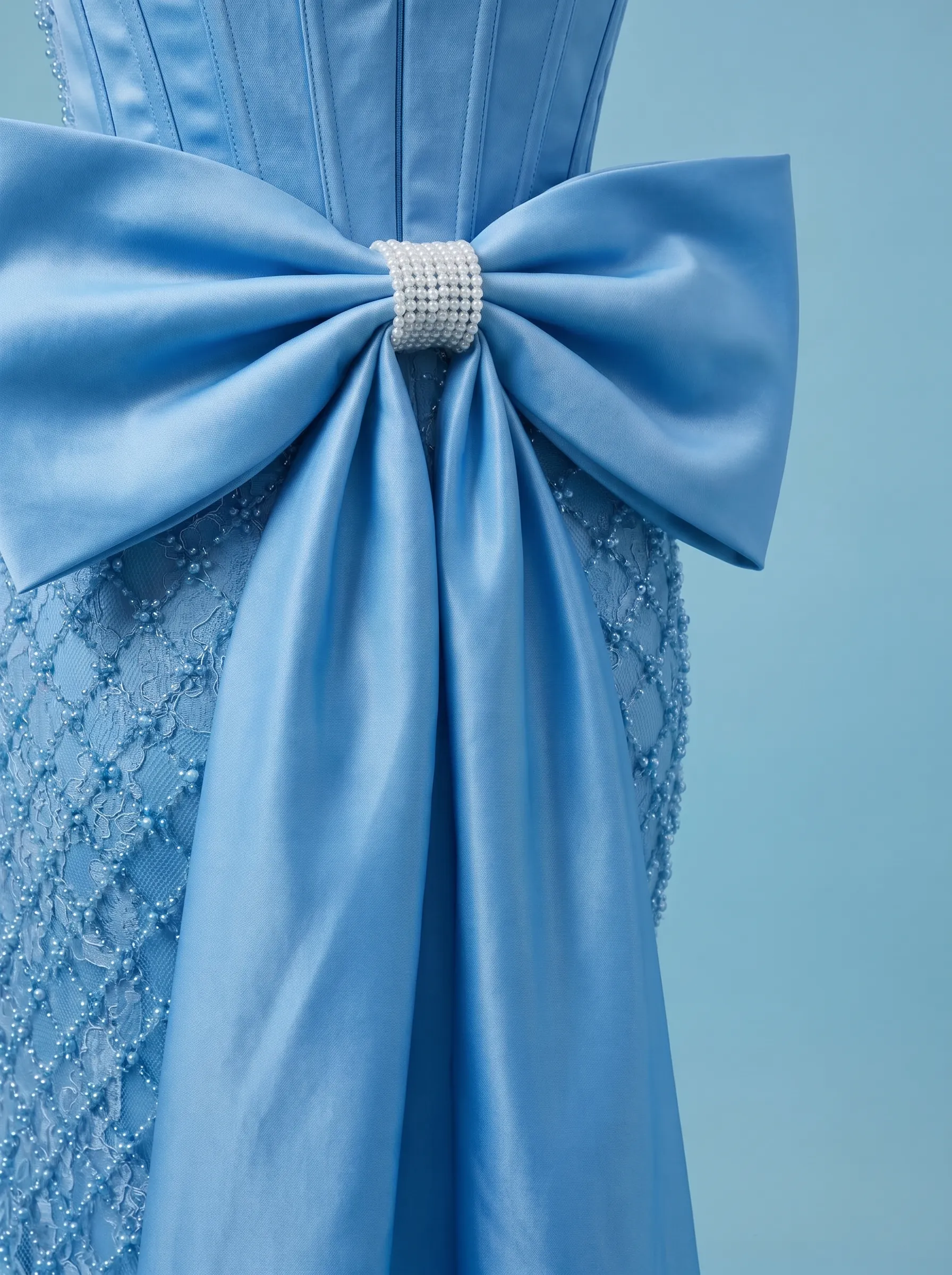 Light Blue Satin Corset Strapless Crystal Diamond Mesh Mermaid Gown with Back Bow Train & Slit CLP7020