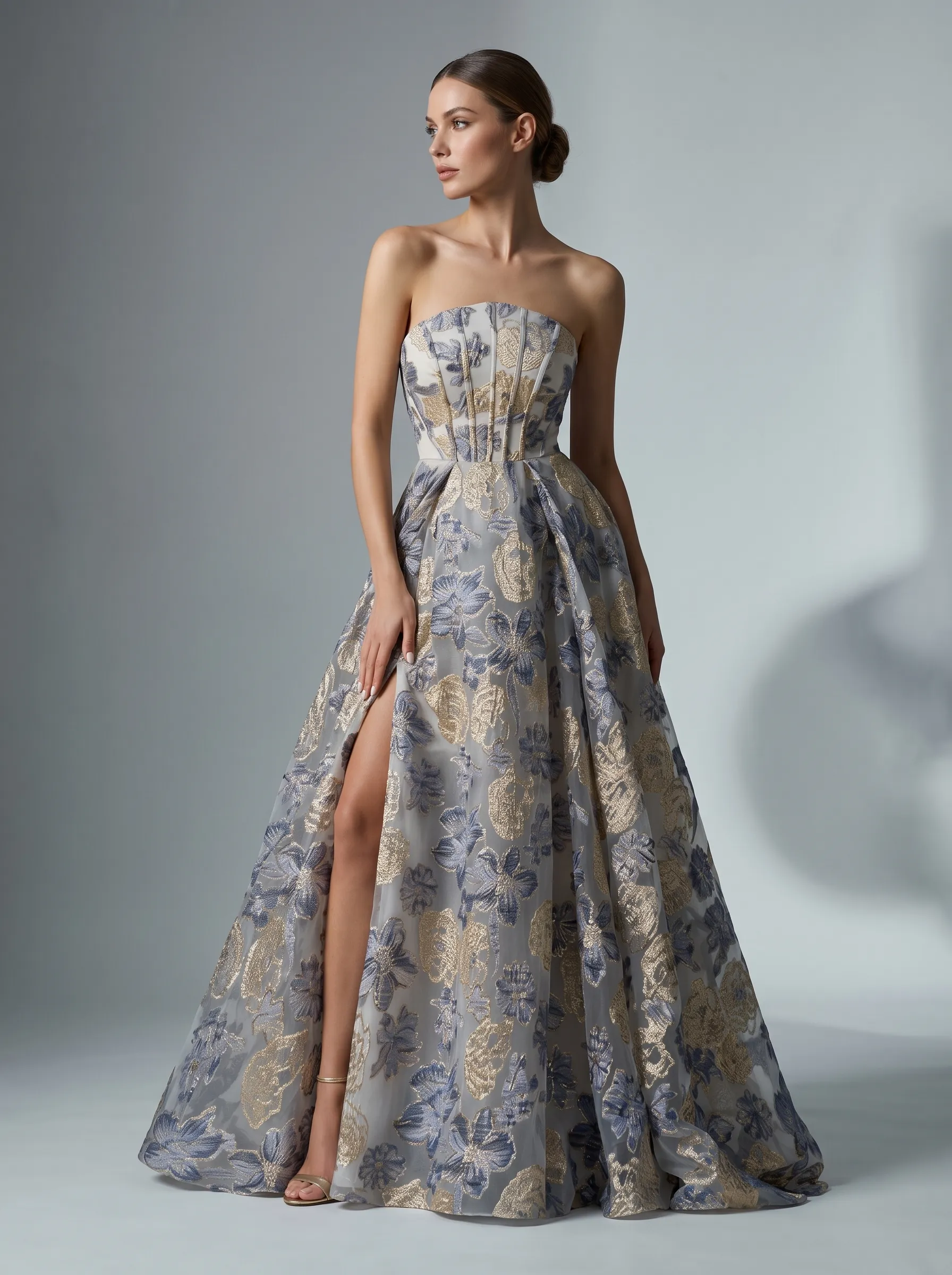 Grey Blue & Gold Floral Embroidered Strapless Corset Ball Gown with Lace-Up Back & High Slit CLP7022