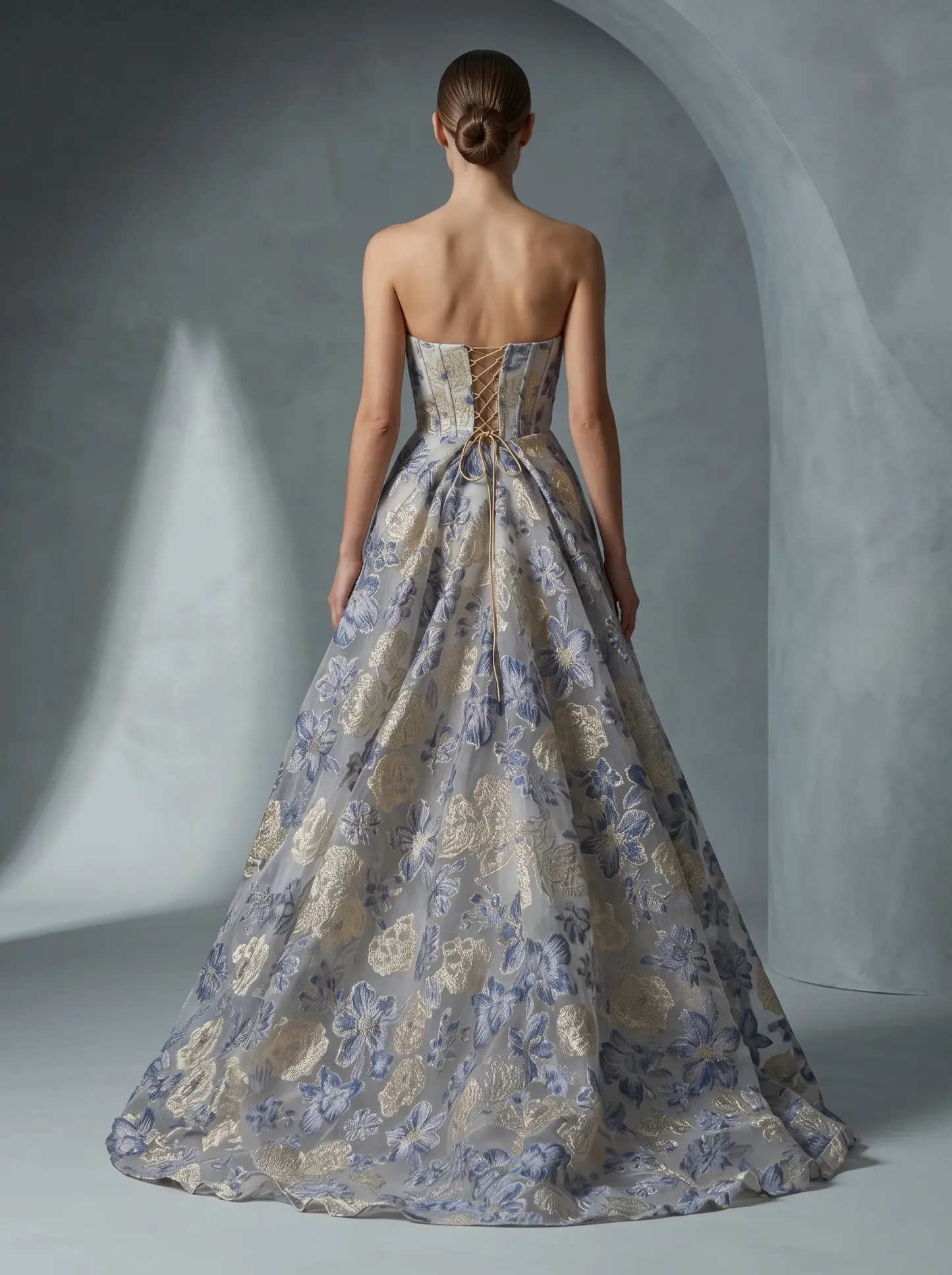 Grey Blue & Gold Floral Embroidered Strapless Corset Ball Gown with Lace-Up Back & High Slit CLP7022