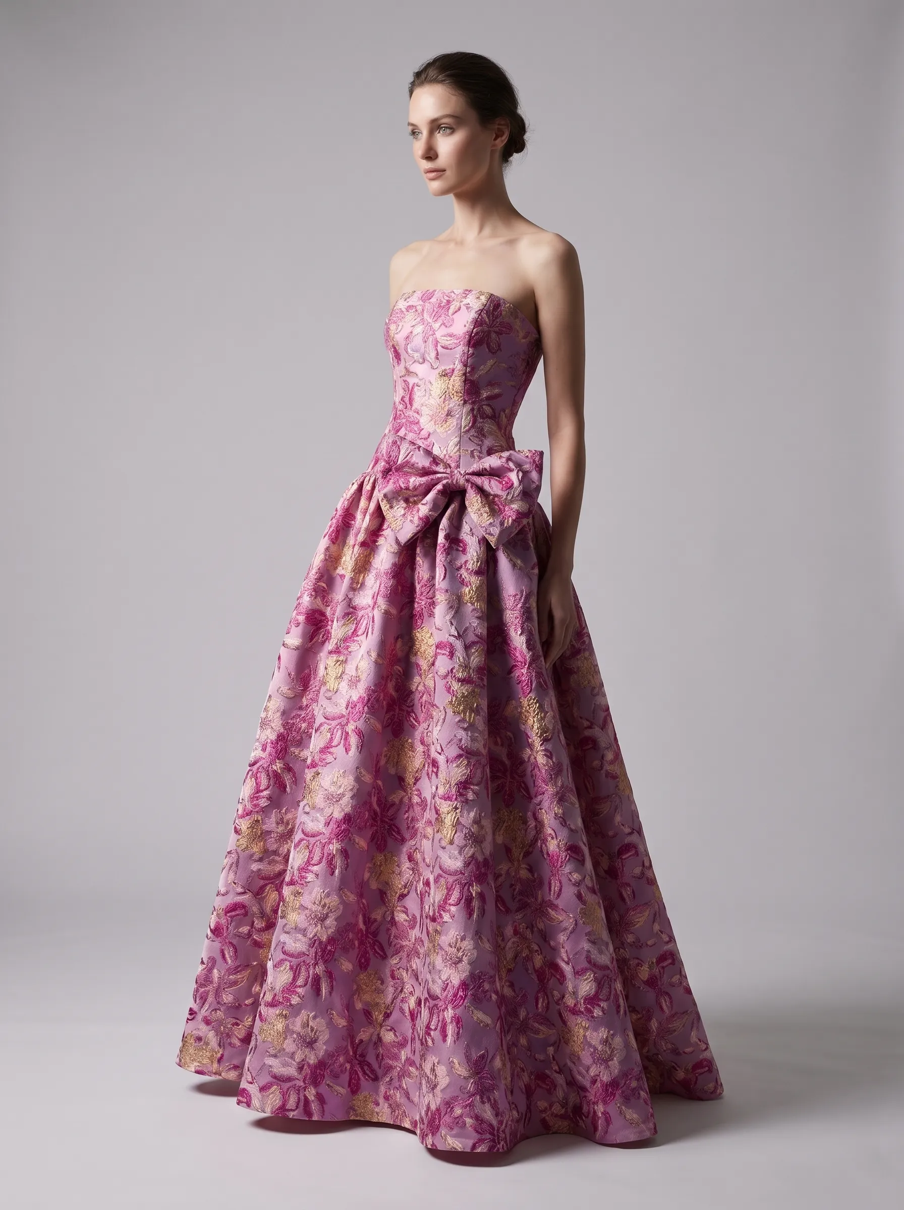Pink Floral Brocade Strapless Drop Waist Ball Gown with Bow CLP7023
