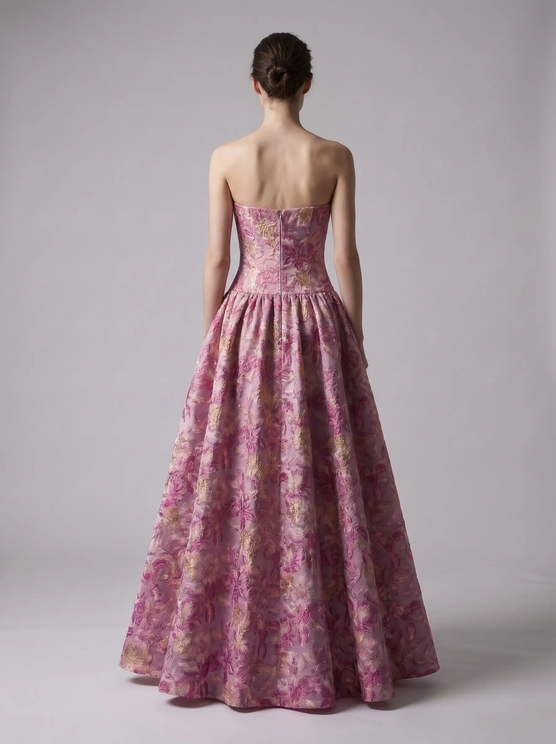 Pink Floral Brocade Strapless Drop Waist Ball Gown with Bow CLP7023