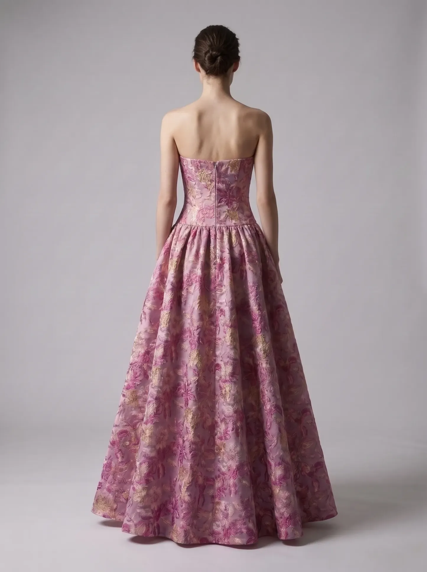 Pink Floral Brocade Strapless Drop Waist Ball Gown with Bow CLP7023