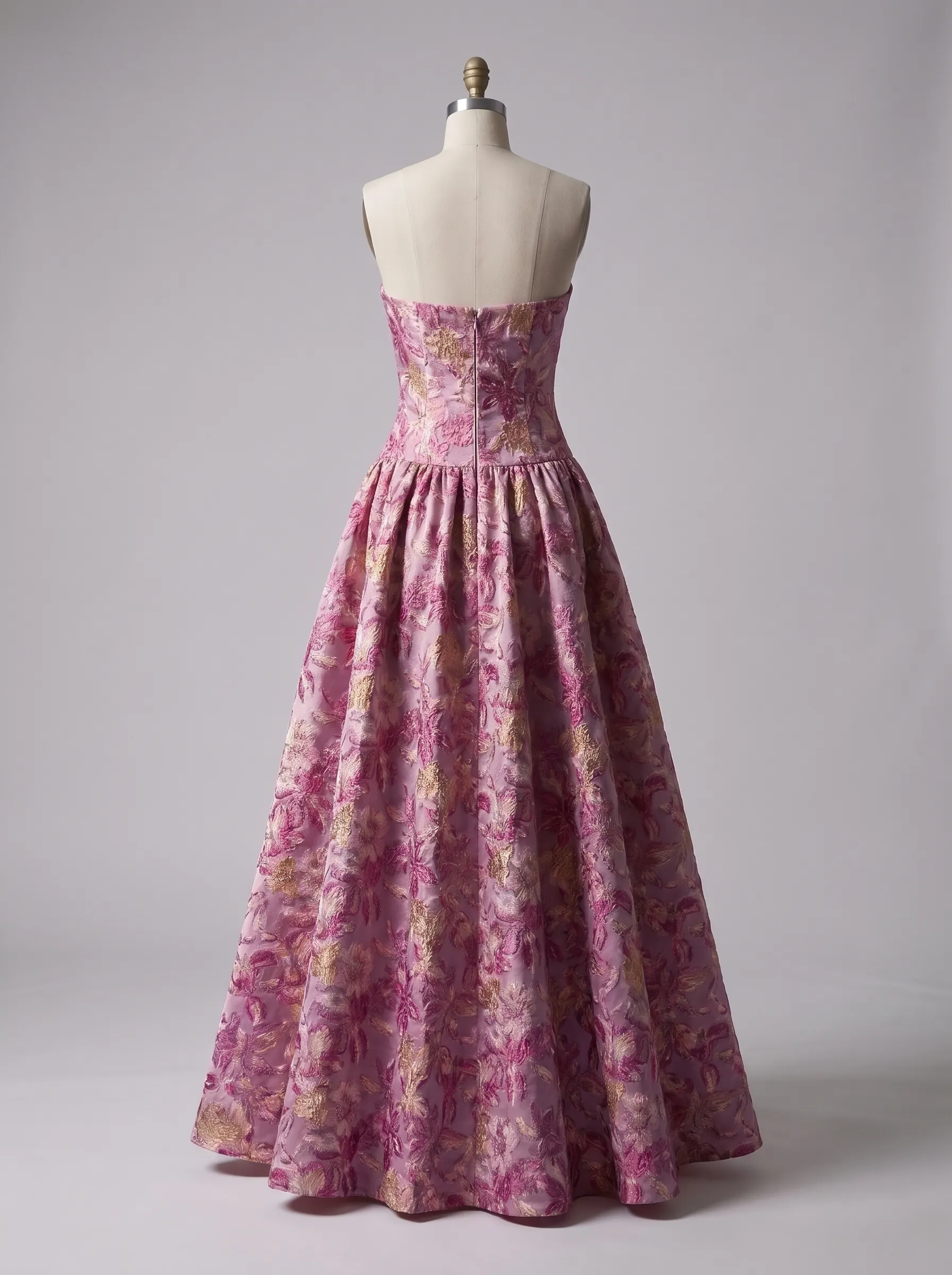 Pink Floral Brocade Strapless Drop Waist Ball Gown with Bow CLP7023