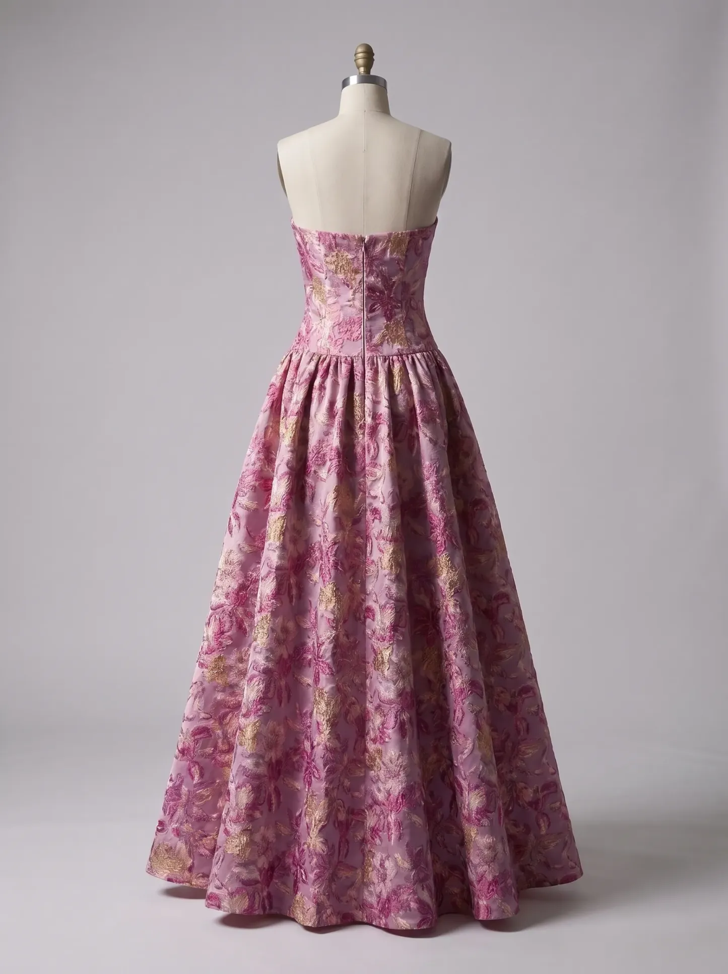 Pink Floral Brocade Strapless Drop Waist Ball Gown with Bow CLP7023