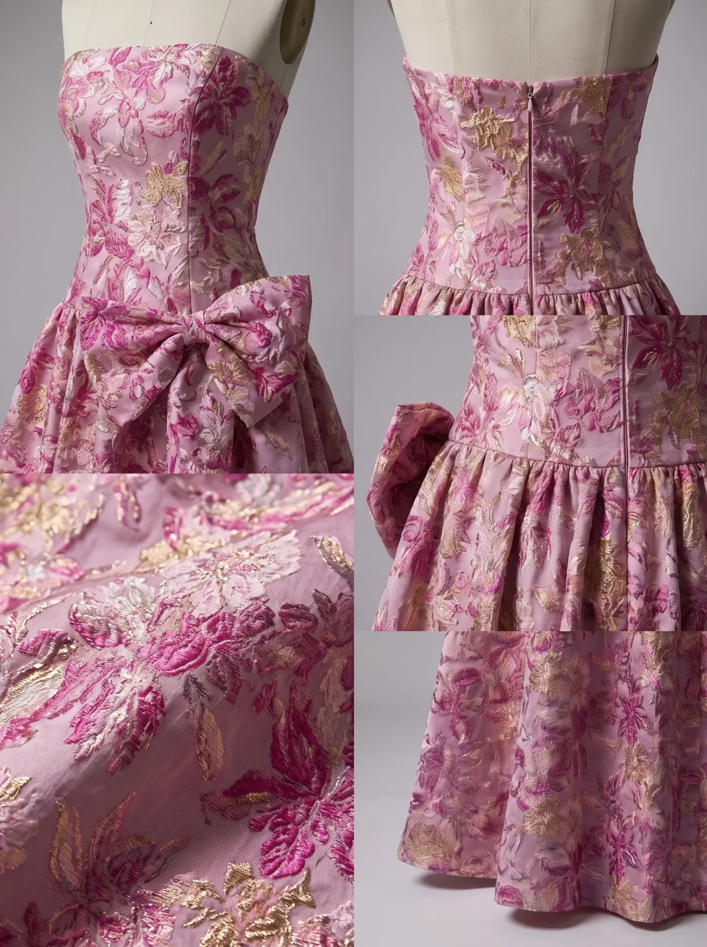 Pink Floral Brocade Strapless Drop Waist Ball Gown with Bow CLP7023