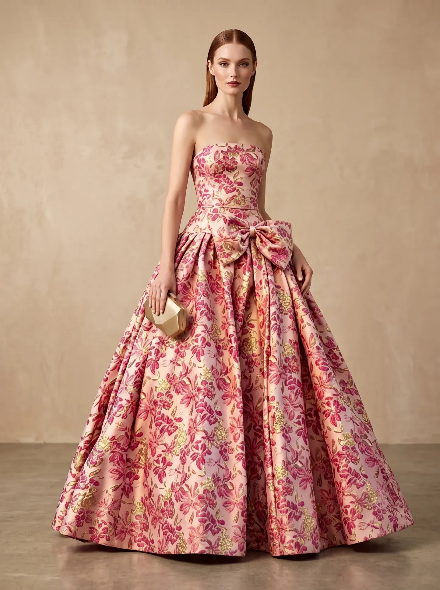Pink Floral Brocade Strapless Drop Waist Ball Gown with Bow CLP7023