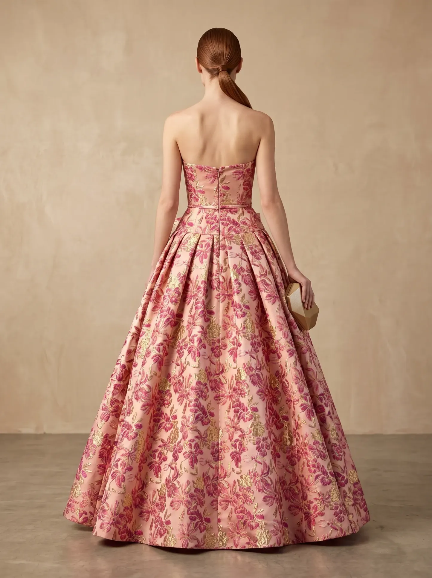 Pink Floral Brocade Strapless Drop Waist Ball Gown with Bow CLP7023