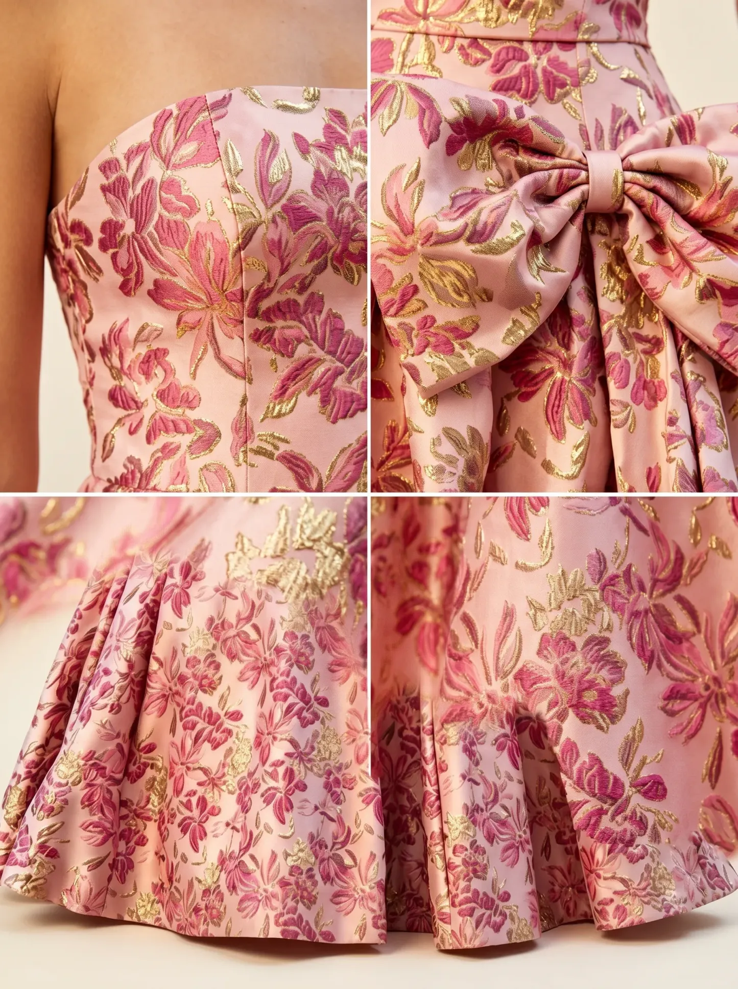 Pink Floral Brocade Strapless Drop Waist Ball Gown with Bow CLP7023
