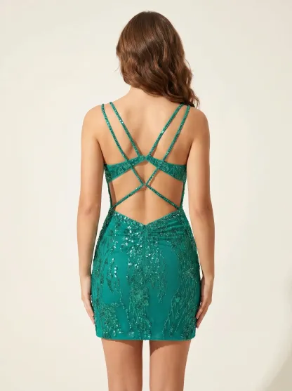 Sparkly Dark Green Short Prom Dress | Sequin Sheath Homecoming Mini Gown