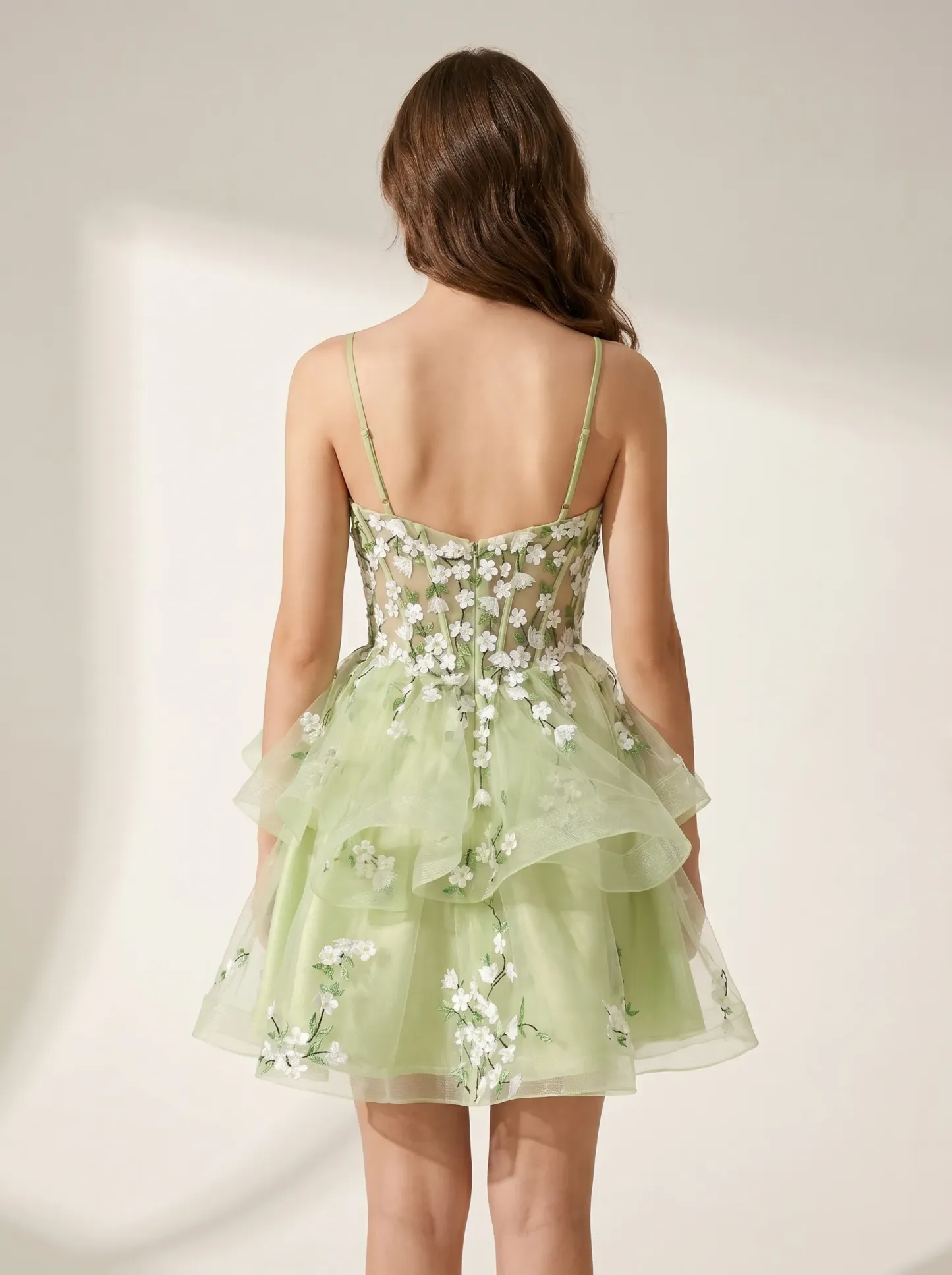 Light Green A-Line Spaghetti Straps Short Homecoming Dress | Mini Floral Party Gown
