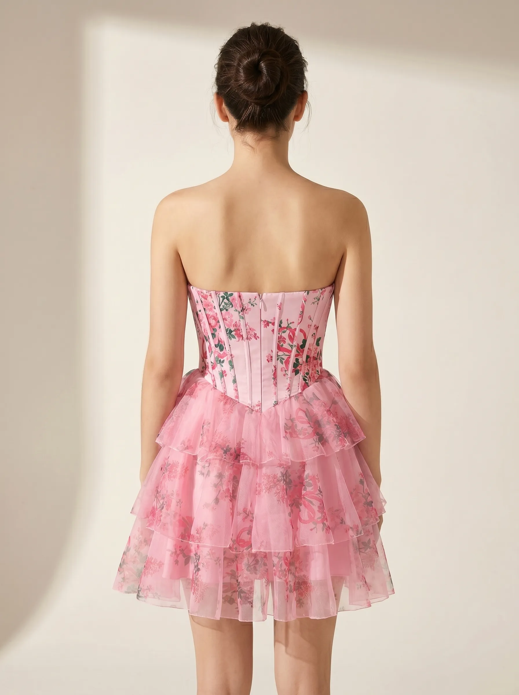 A-Line Cowl Neck Blue White Flower Short Dress | Homecoming Tiered Mini Gown