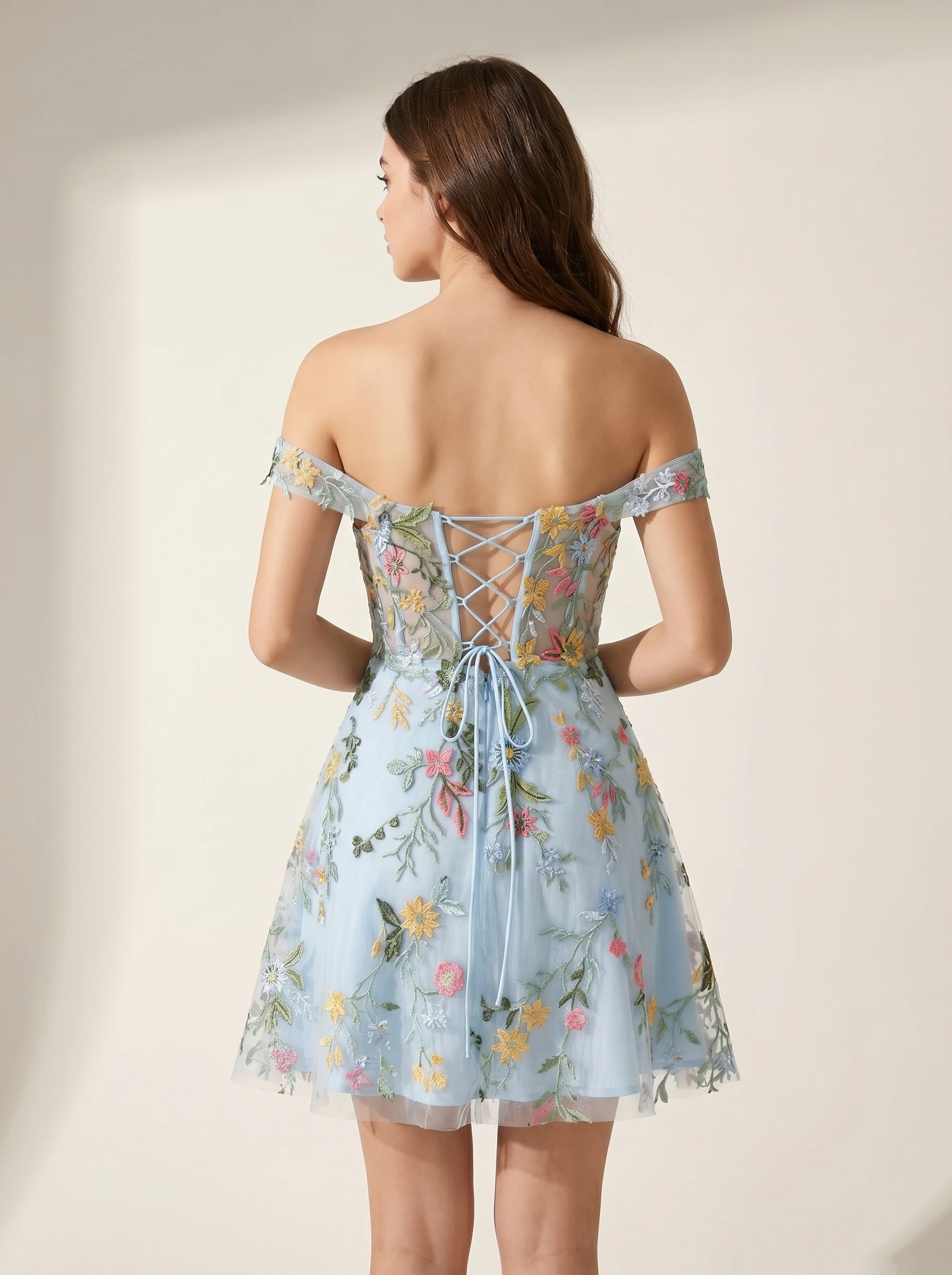 Blue Flower Bodycon Spaghetti Straps Embroidered Short Homecoming Dress