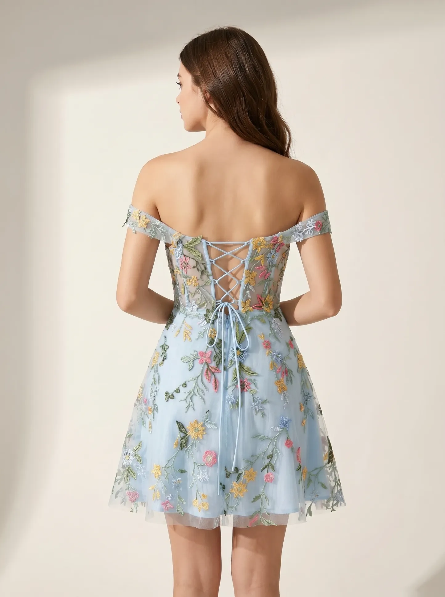 Blue Flower Bodycon Spaghetti Straps Embroidered Short Homecoming Dress