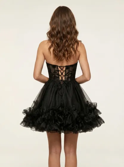 Cute Black A Line Corset Strapless Ruffled Short Homecoming Dress