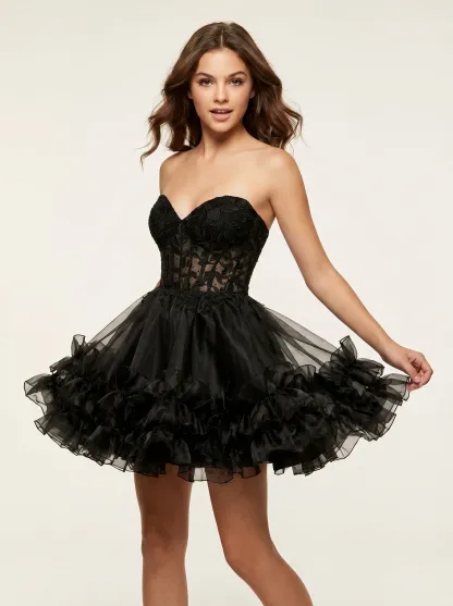Cute Black A Line Corset Strapless Ruffled Short Homecoming Dress