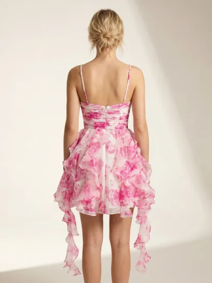White Fuchsia Flower Short Homecoming Dress | Mini Floral A-Line Party Gown