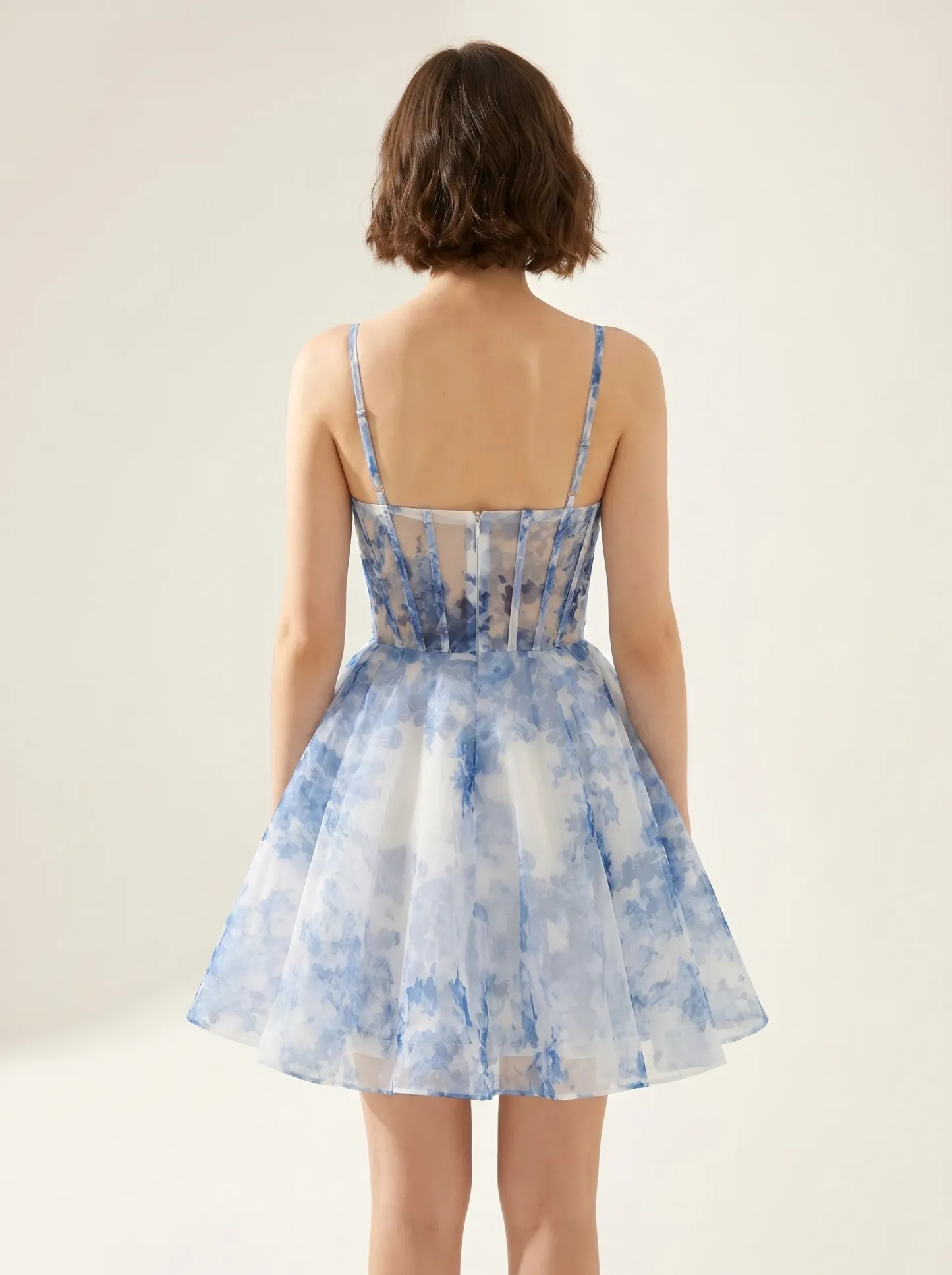 White & Blue Floral A-Line Short Homecoming Dress | Mini Flower Party Gown