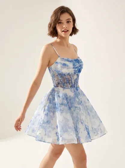 White & Blue Floral A-Line Short Homecoming Dress | Mini Flower Party Gown